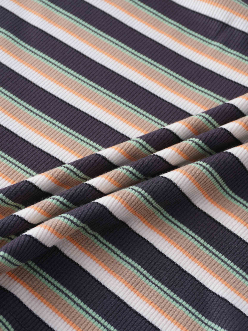 Ribbed Striped Crew 3/4 Sleeve-Brown/Ivory