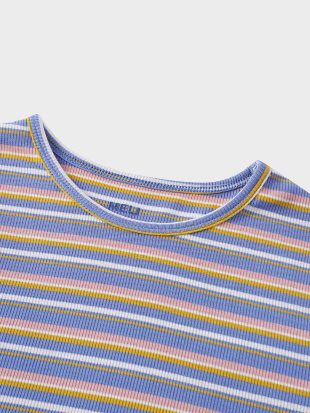 Ribbed Striped Crew 3/4 Sleeve-Light Blue/Pink