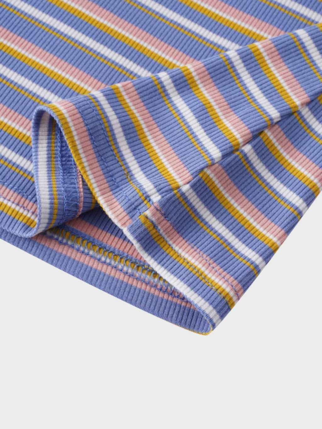 Ribbed Striped Crew 3/4 Sleeve-Light Blue/Pink