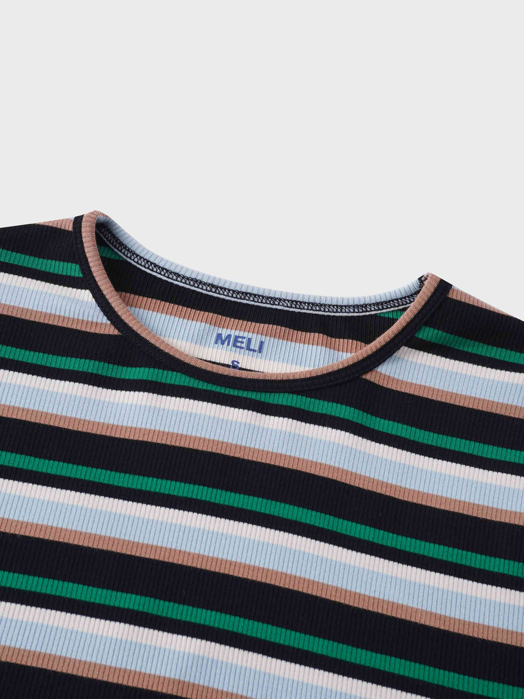 Ribbed Striped Crew 3/4 Sleeve-Green