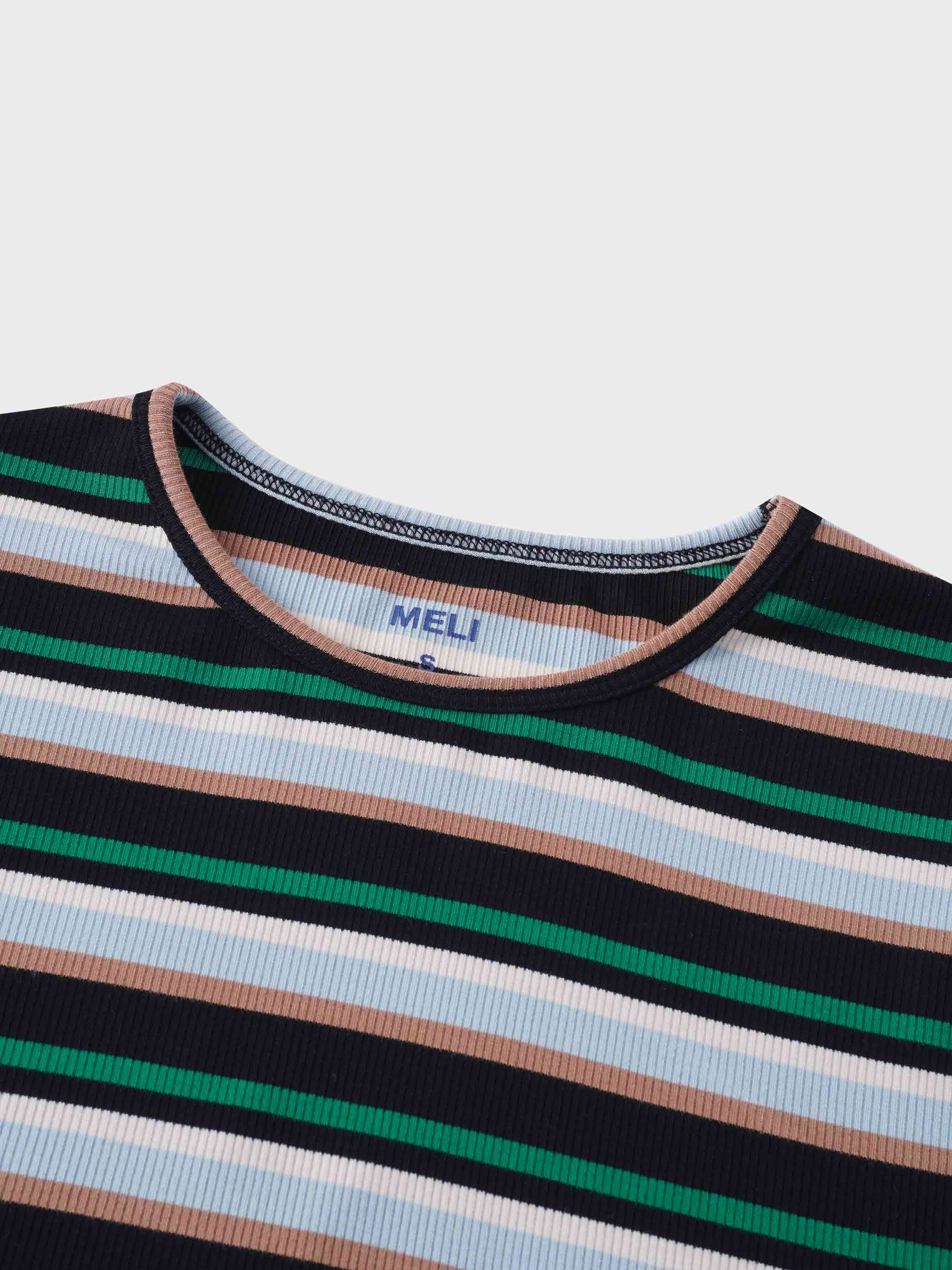 Ribbed Striped Crew 3/4 Sleeve-Green
