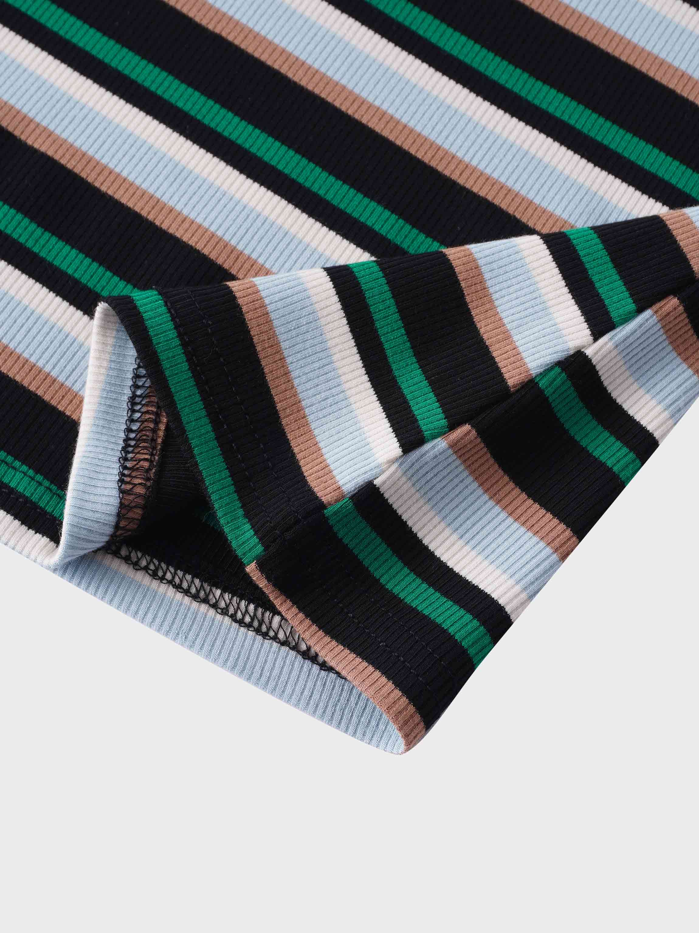 Ribbed Striped Crew 3/4 Sleeve-Green