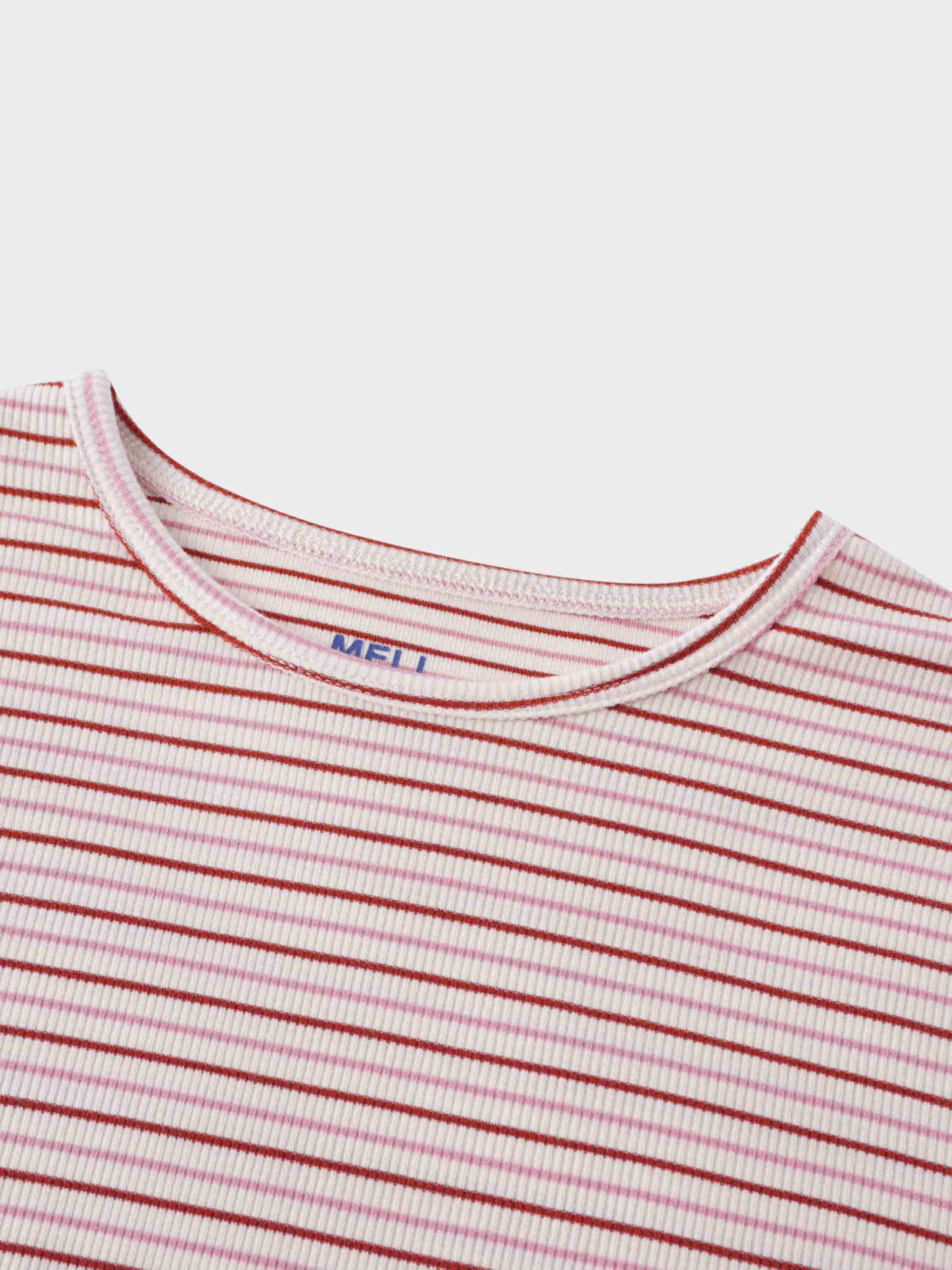 Ribbed Striped Crew 3/4 Sleeve-Pink/Raspberry