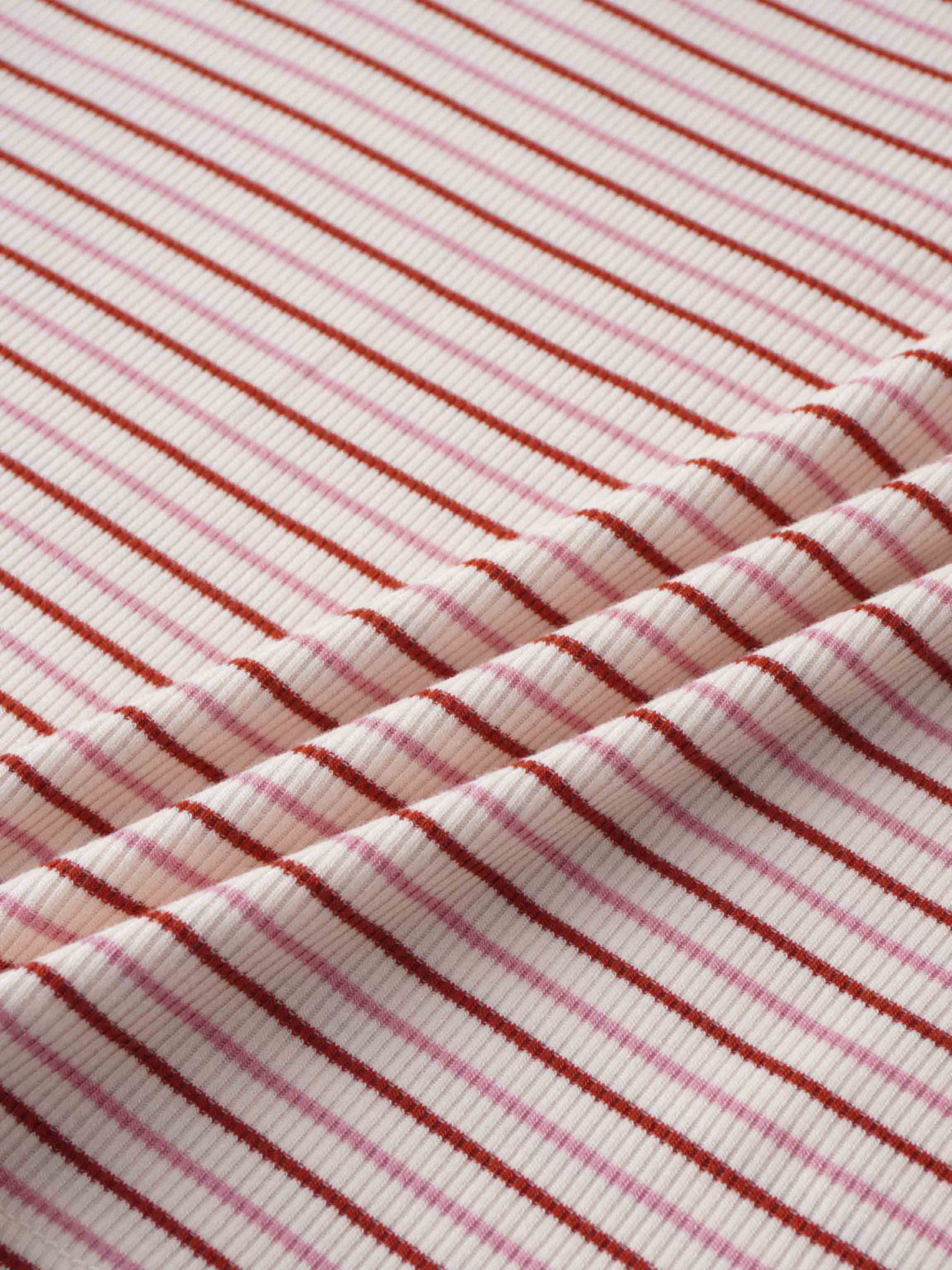 Ribbed Striped Crew 3/4 Sleeve-Pink/Raspberry