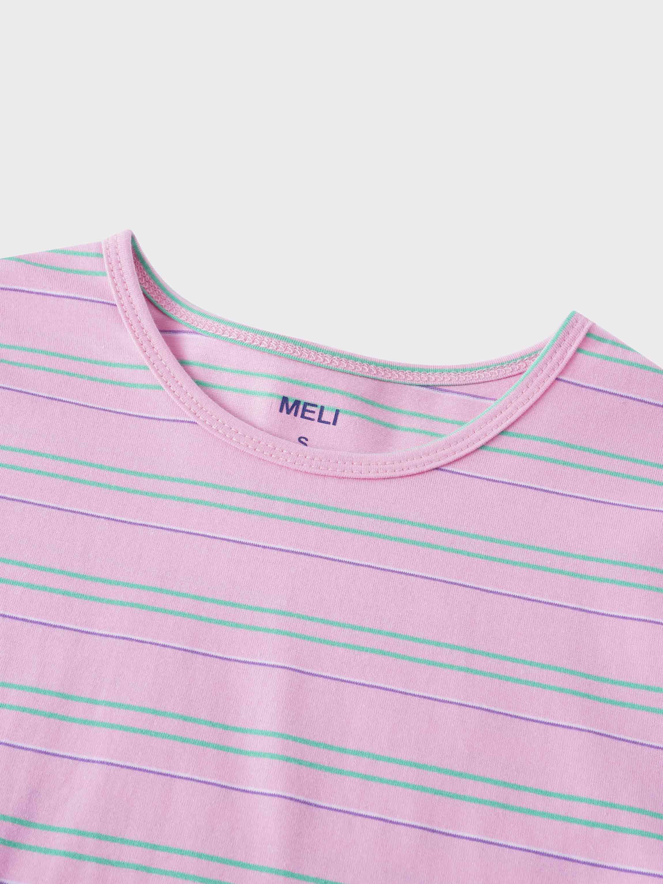 Flat Striped Crew Tee 3Q-Pink