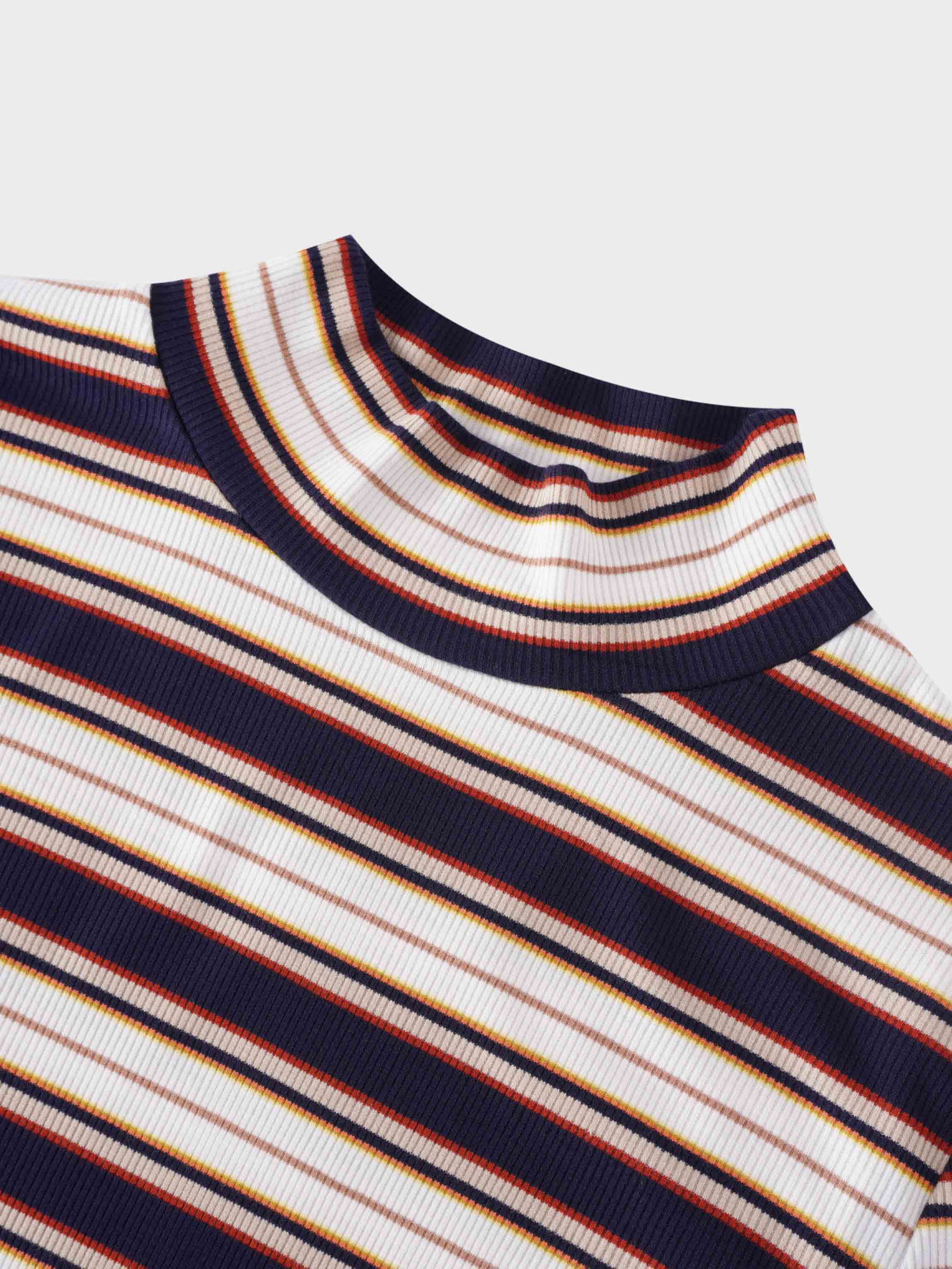Striped Ribbed Turtleneck-Navy/Camel