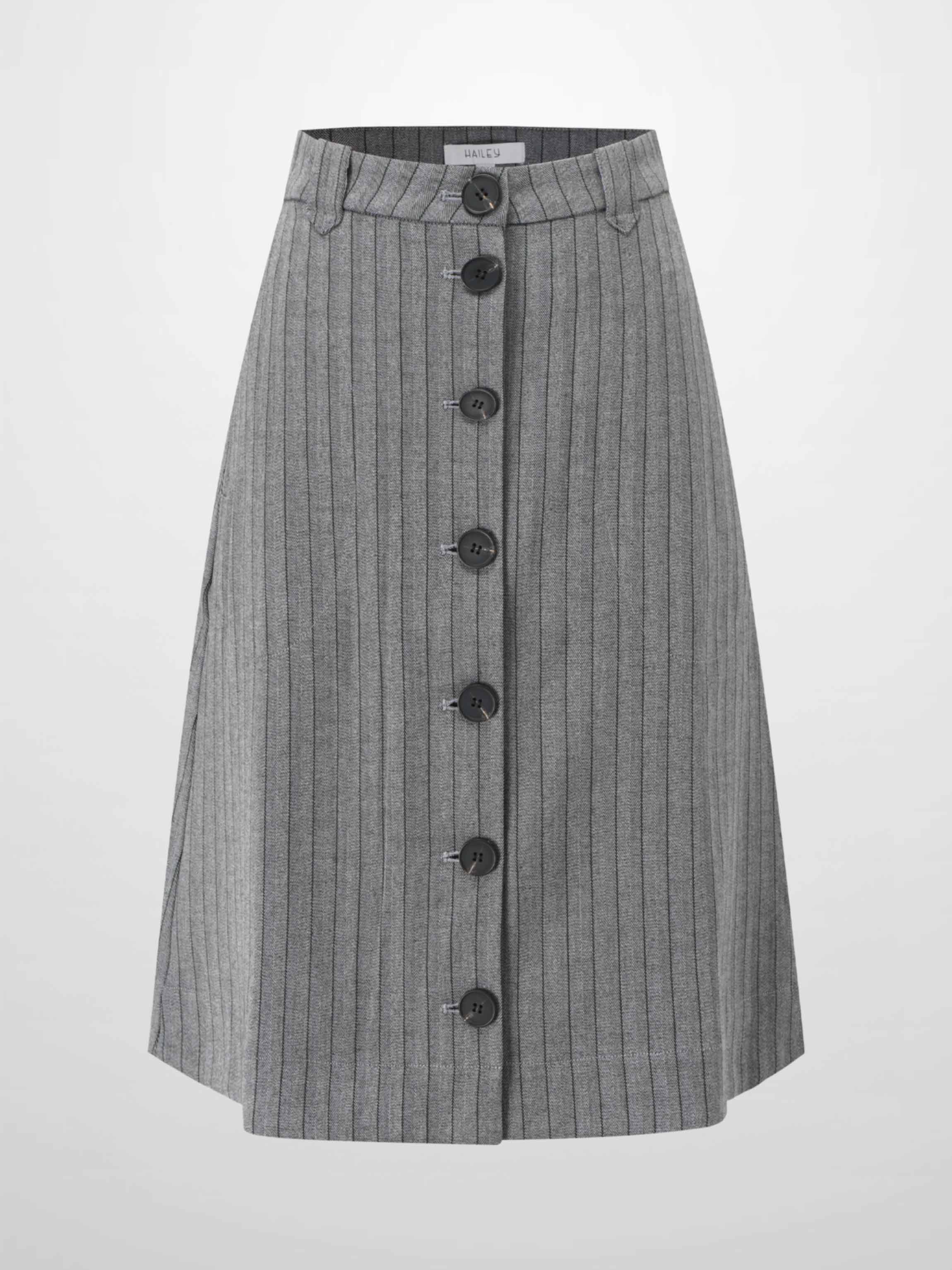 Herringbone Pinstripe Button Down A-Line Skirt-Grey/Green