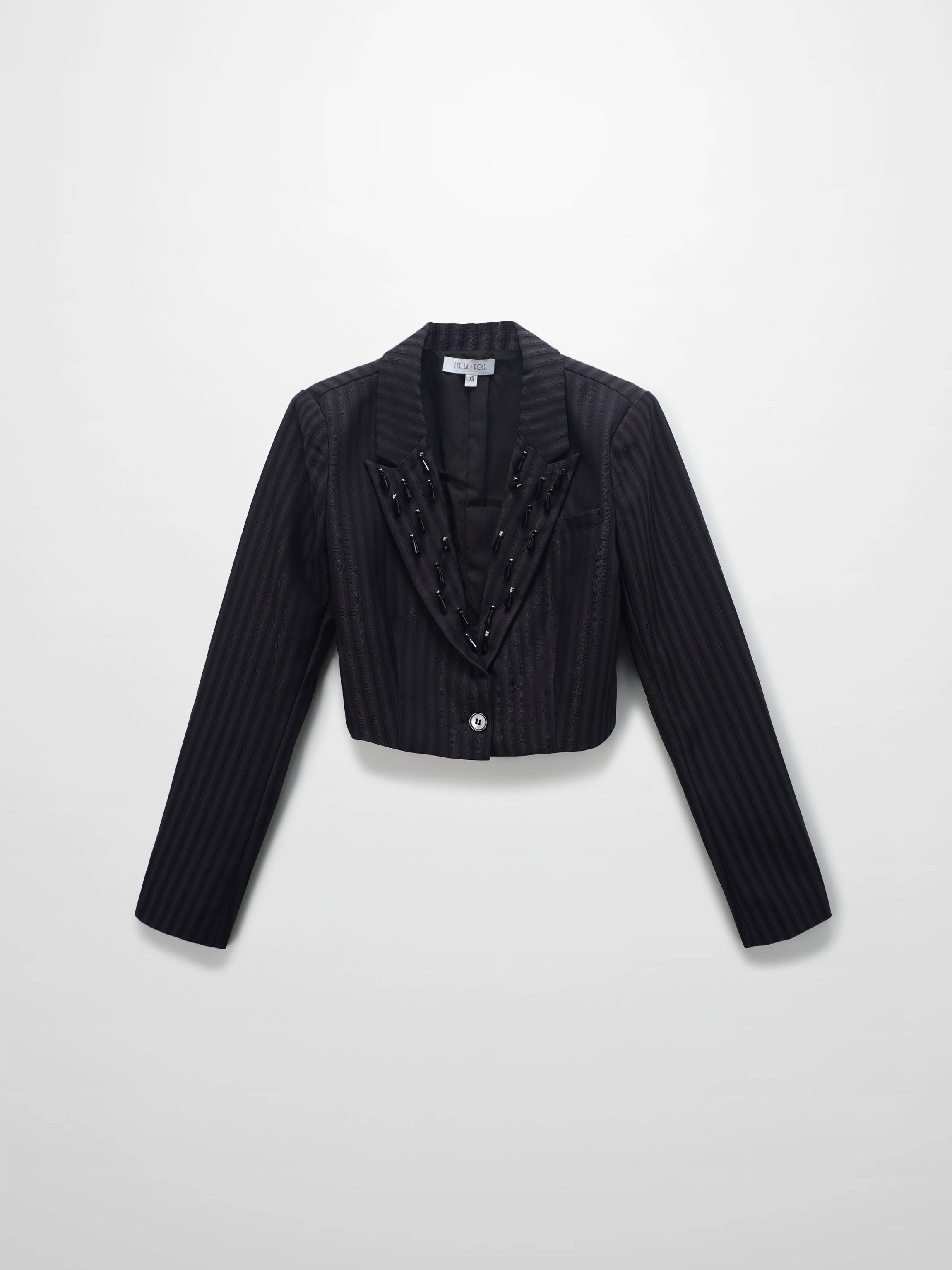 Herringbone Crop Beaded Blazer-Grey/Black