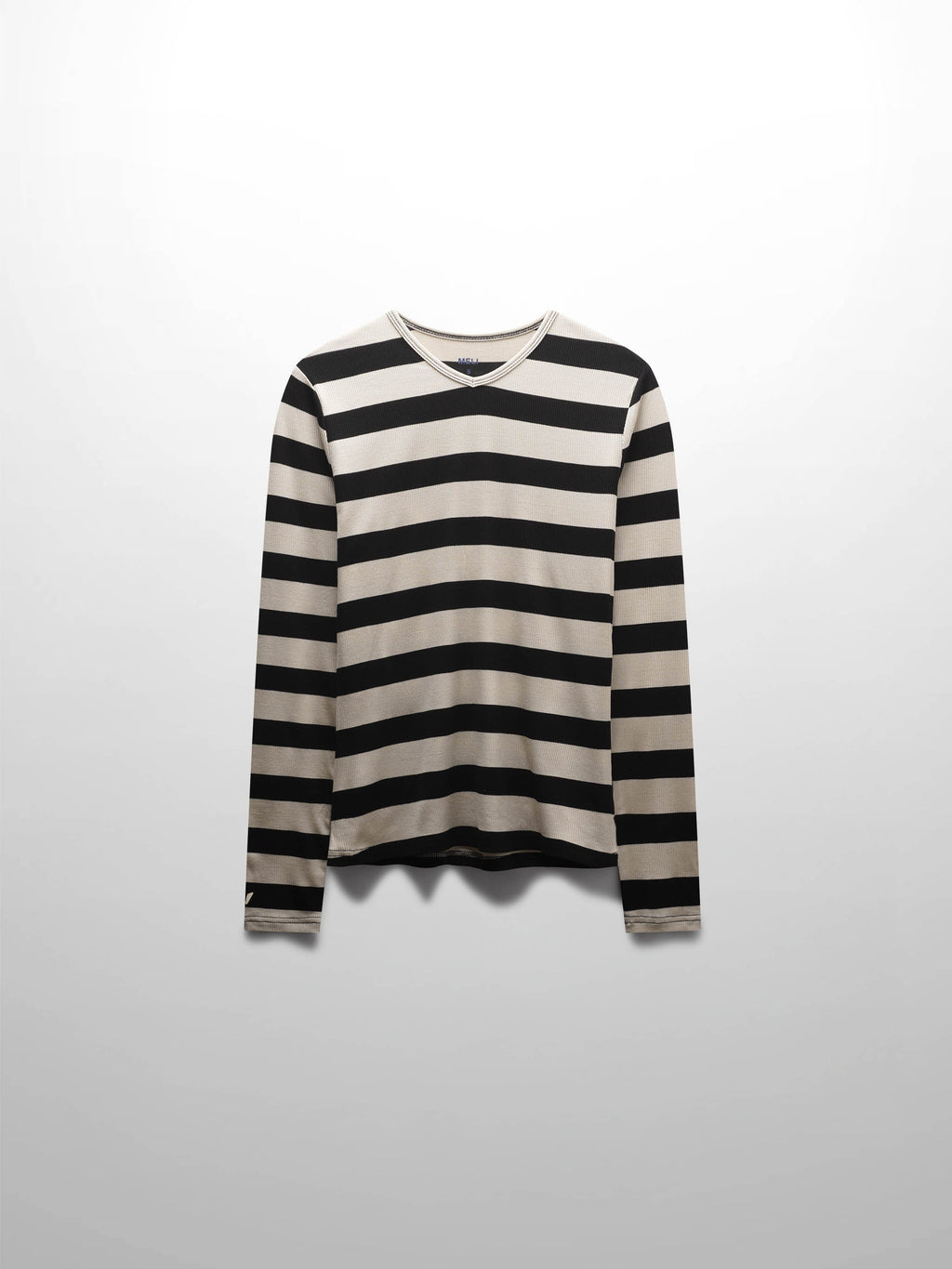 Ribbed Striped High V Tee Long Sleeve-Tan/Black