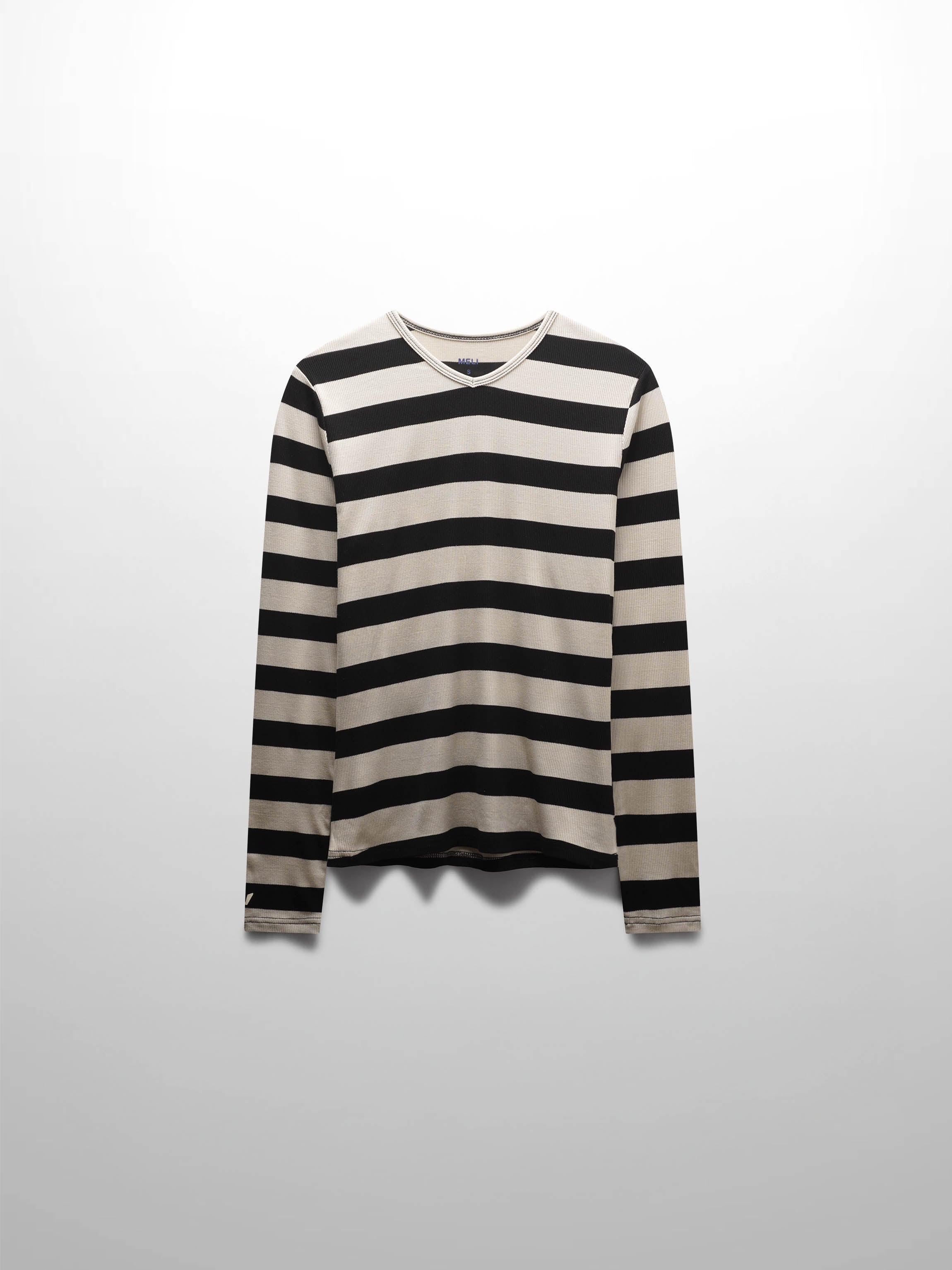 Ribbed Striped High V Tee Long Sleeve-Tan/Black