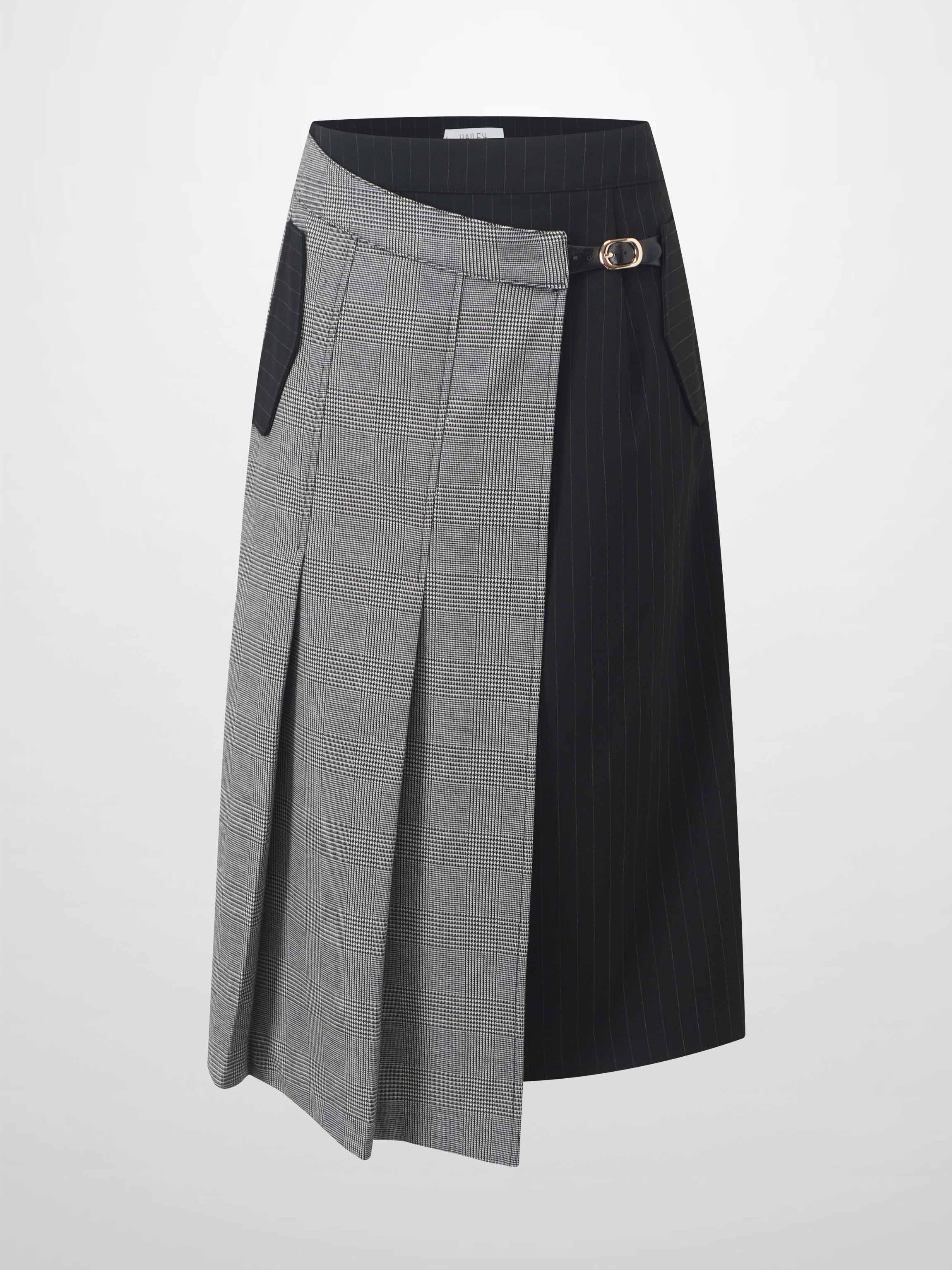 Faux Wrap Pleated Front Buckle Skirt-Pinstripe/Plaid