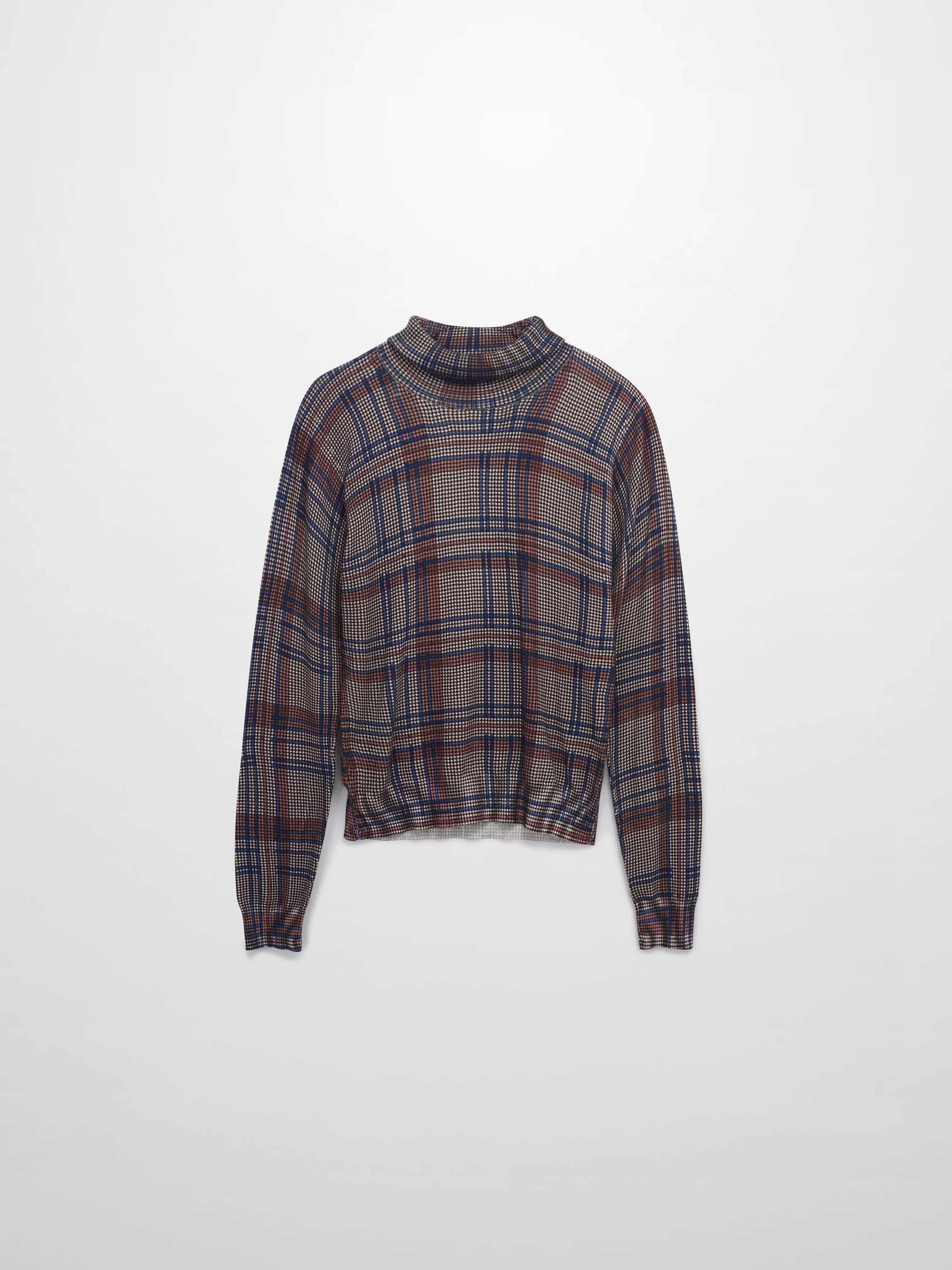 Thin Knit Turtleneck Sweater-Brown/Blue Plaid