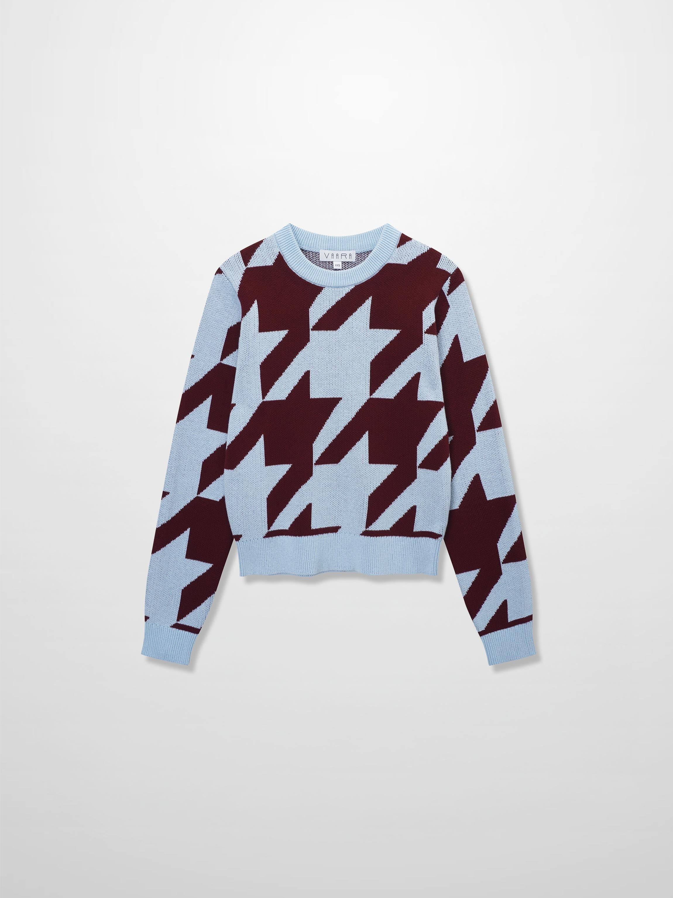 Oversized Houndstooth Sweater-Light Blue/Burgundy