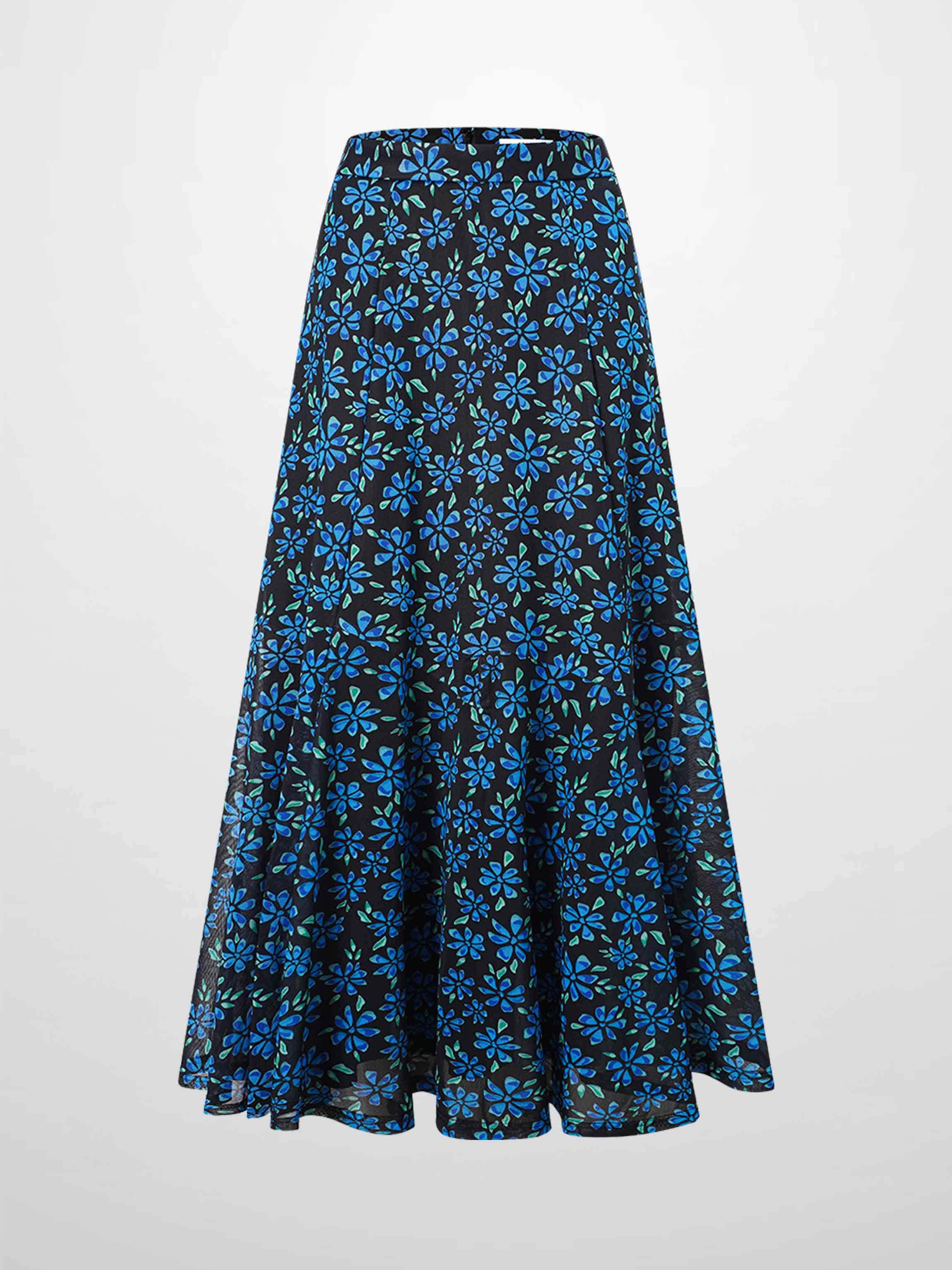 Mesh Trumpet Skirt-Blue Floral