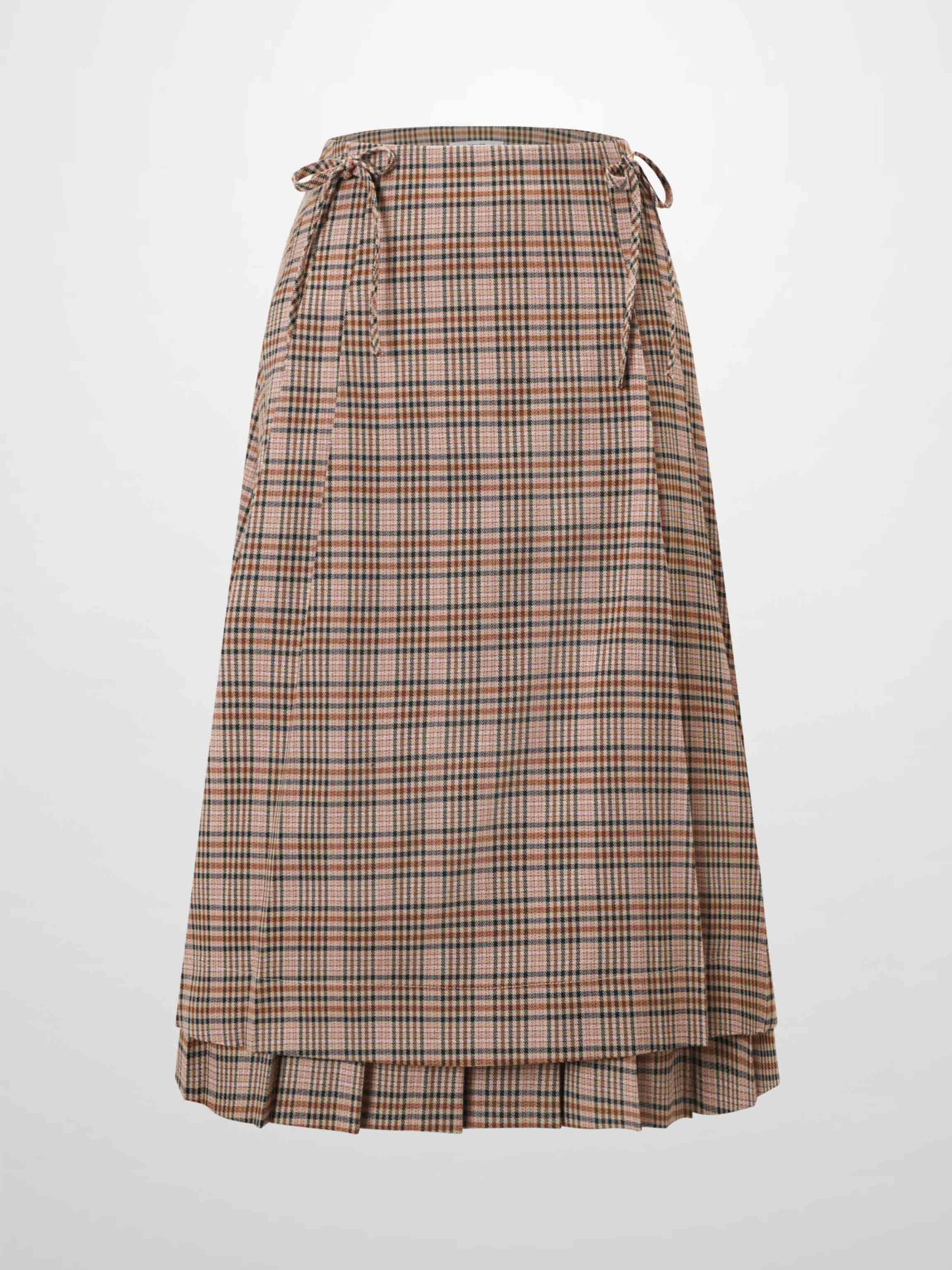 Side Bow Pleated Skirt-Pink Plaid