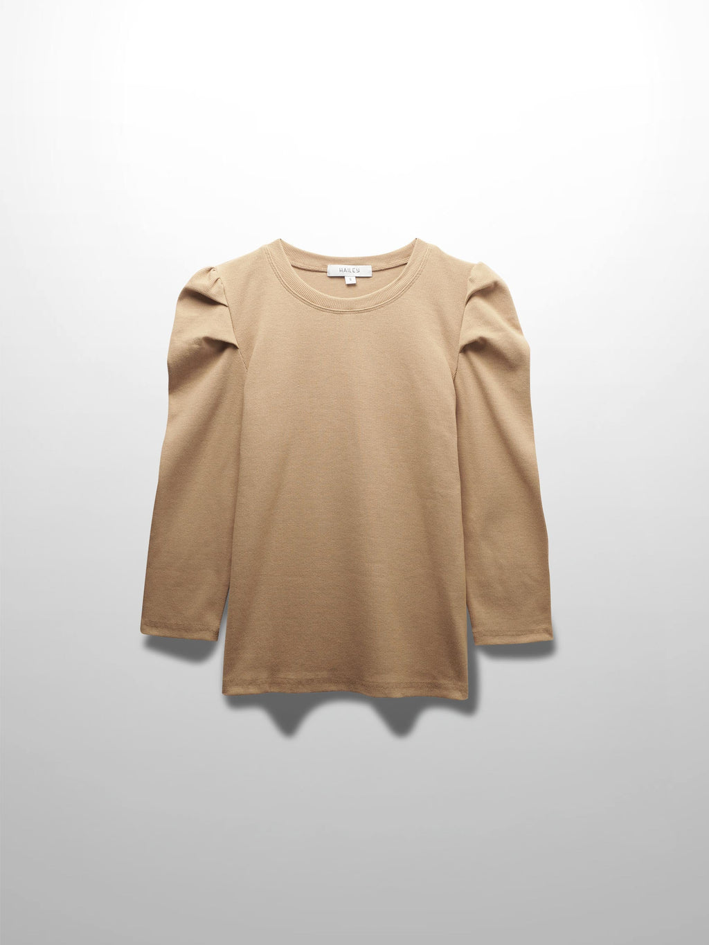 Ribbed Crew Neck Puff Sleeve Top-Tan