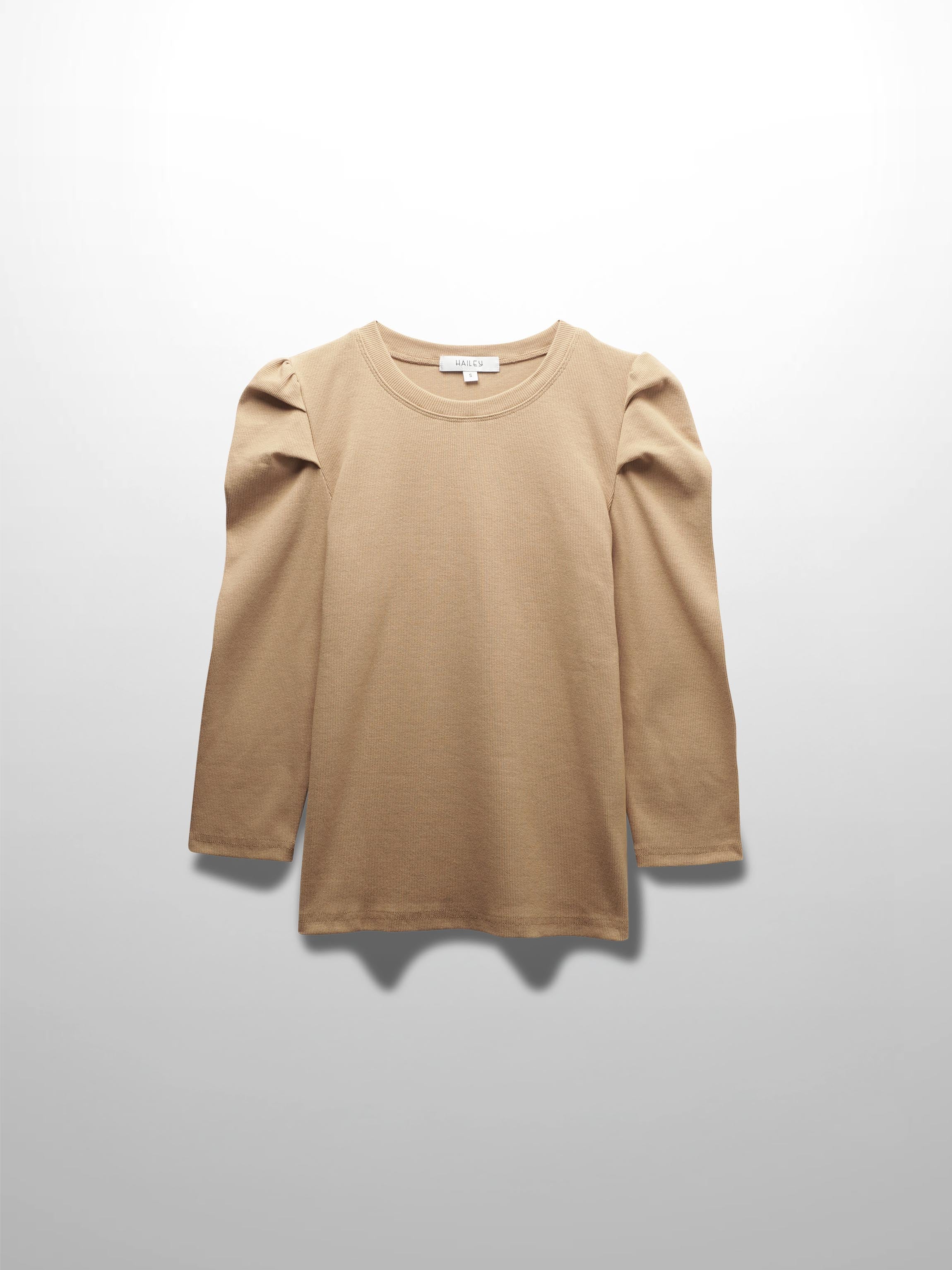 Ribbed Crew Neck Puff Sleeve Top-Tan