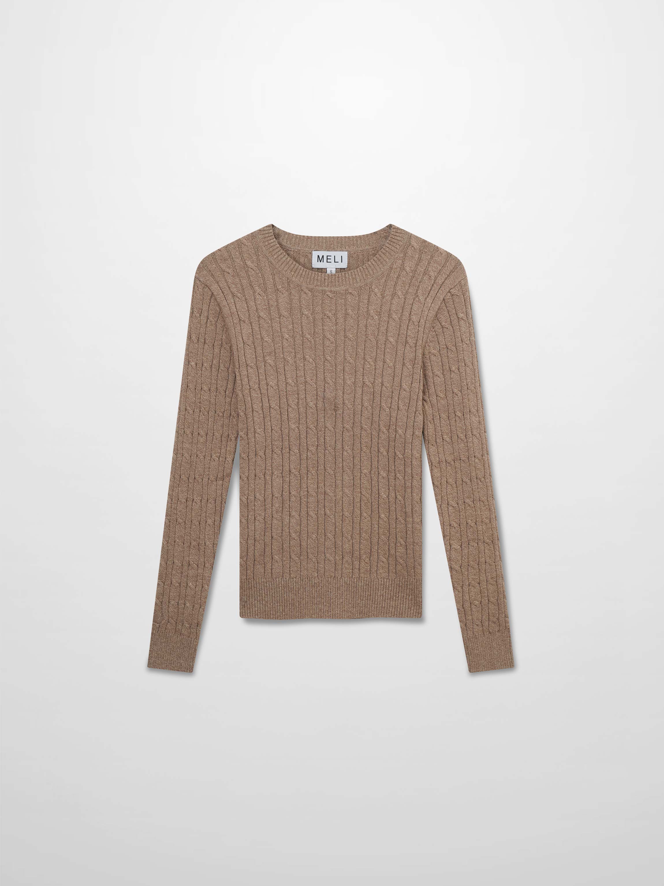 Crew Neck Cable Sweater-Heathered Camel
