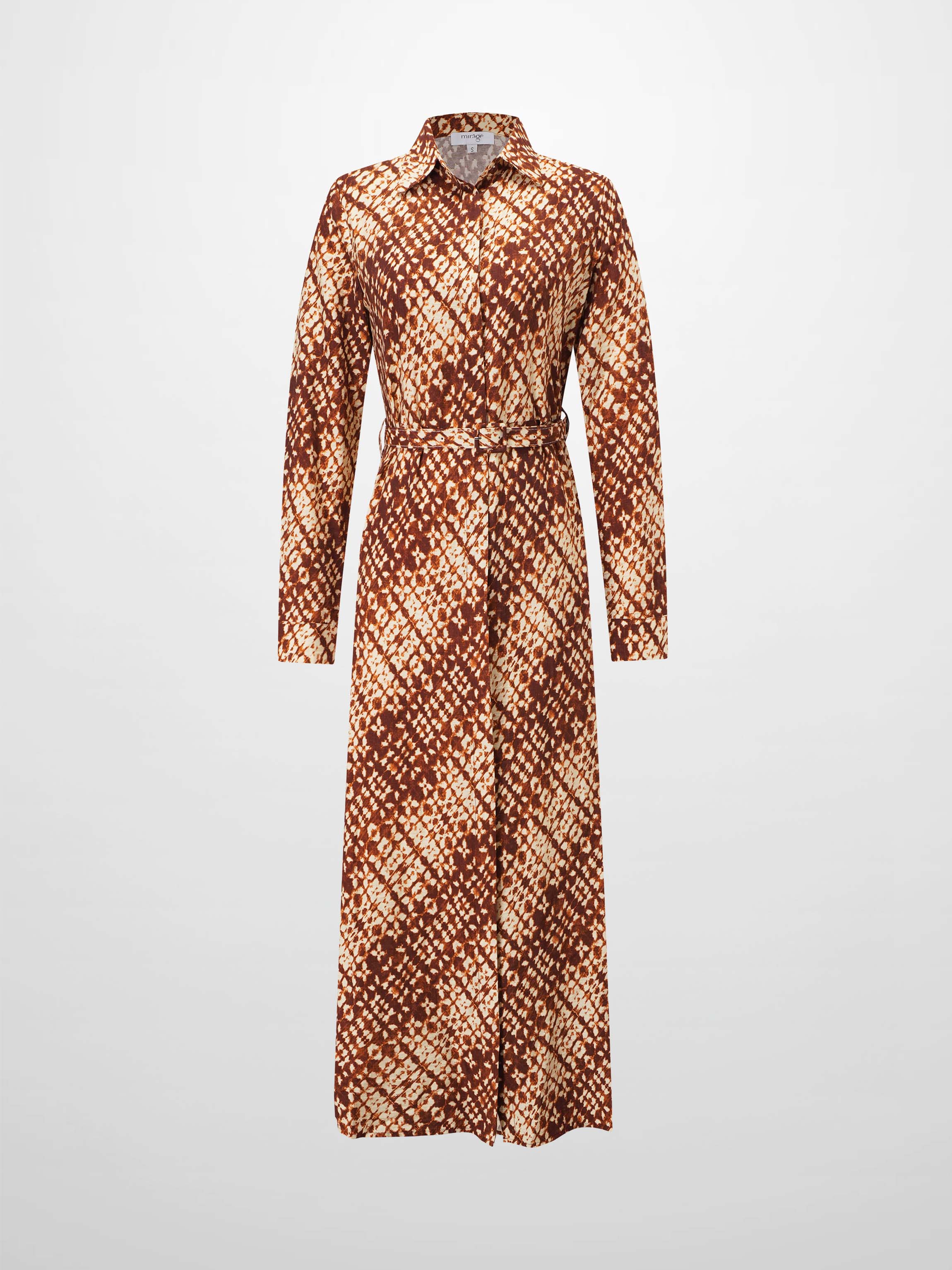 Basic Belted A-Line Dress-Brown Speckled