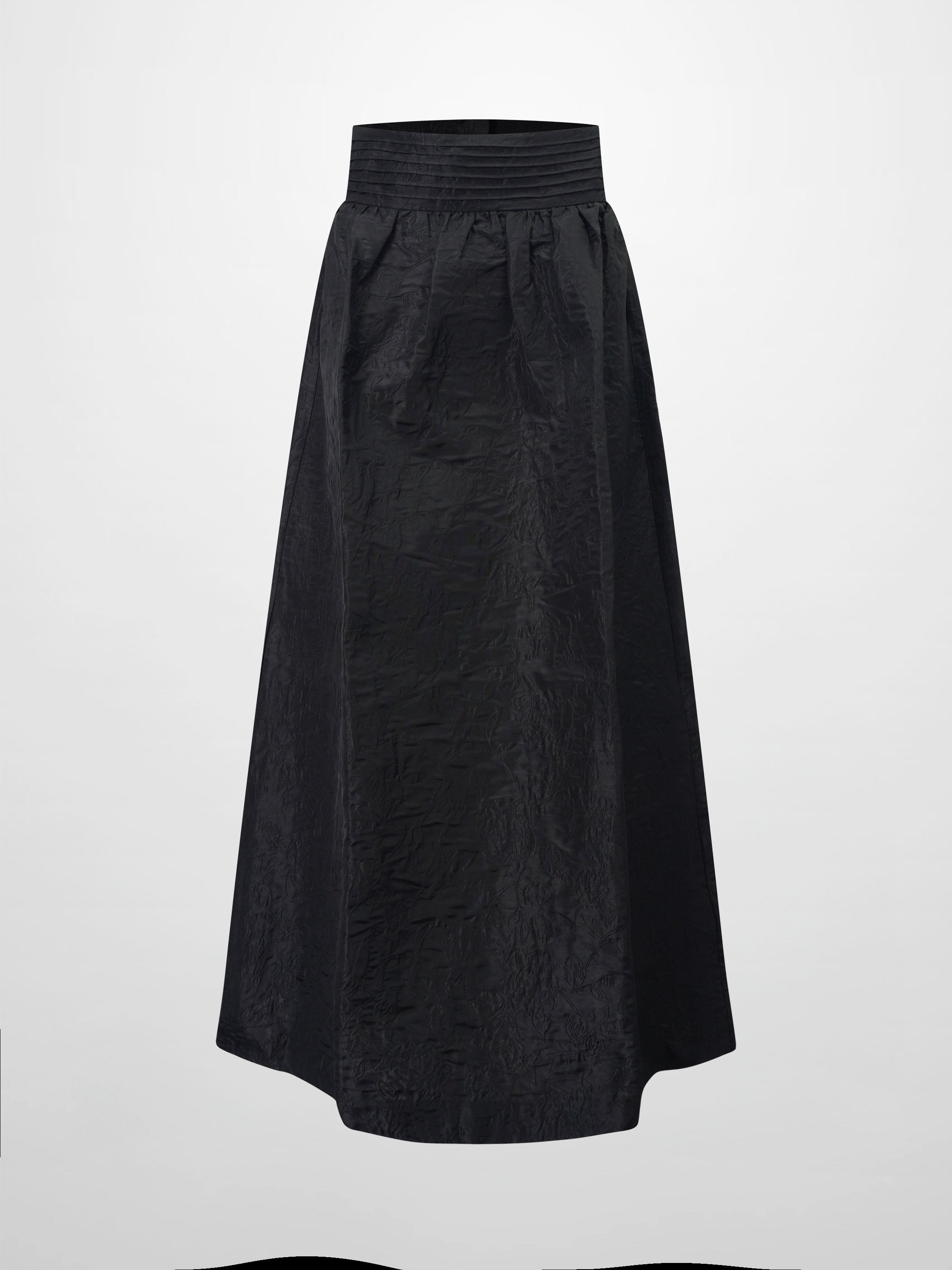 Pleated Waistband Brocade Full Skirt-Black