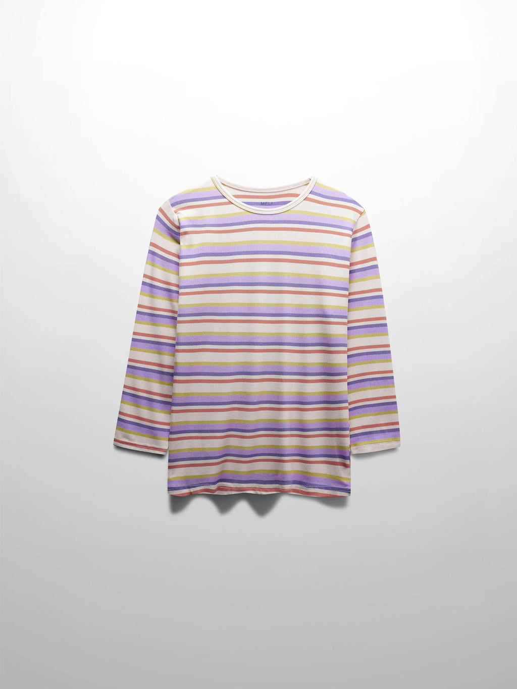 Ribbed Striped Crew 3/4 Sleeve-Orange/Purple