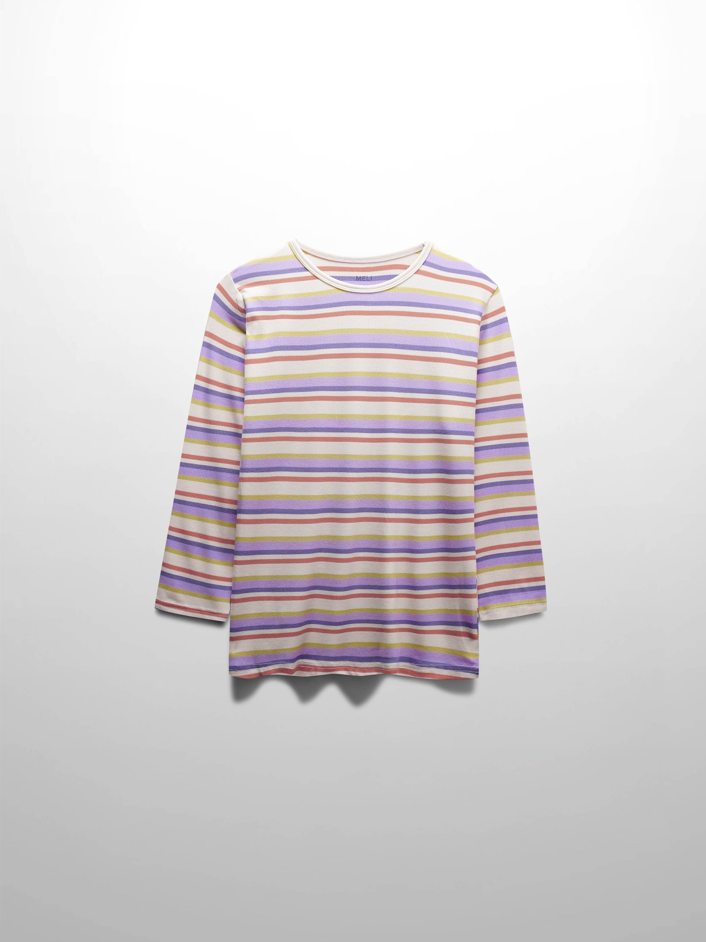 Ribbed Striped Crew 3/4 Sleeve-Orange/Purple