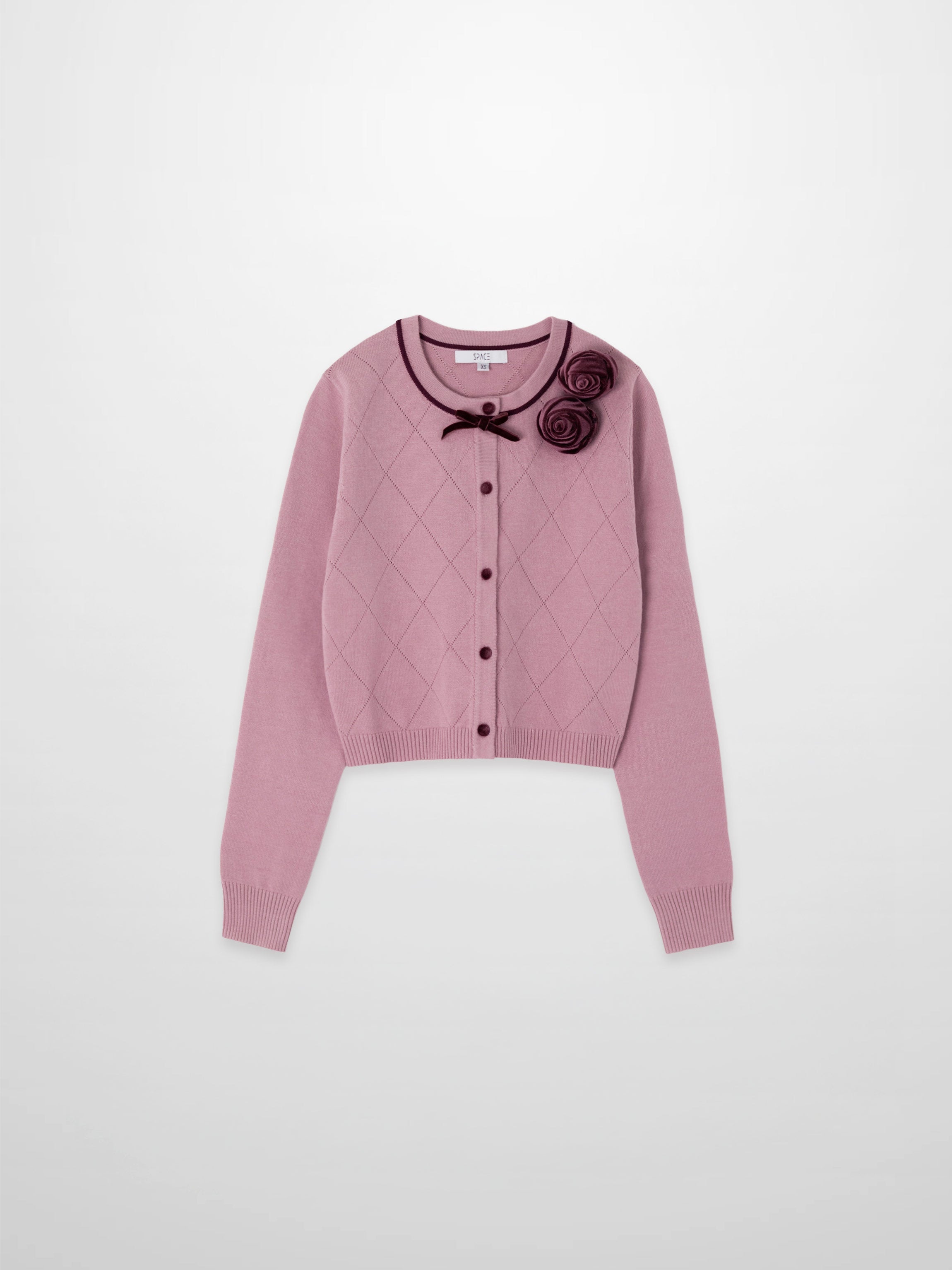 Velvet Detail Pointelle Crew Cardigan-Pink/Burgundy