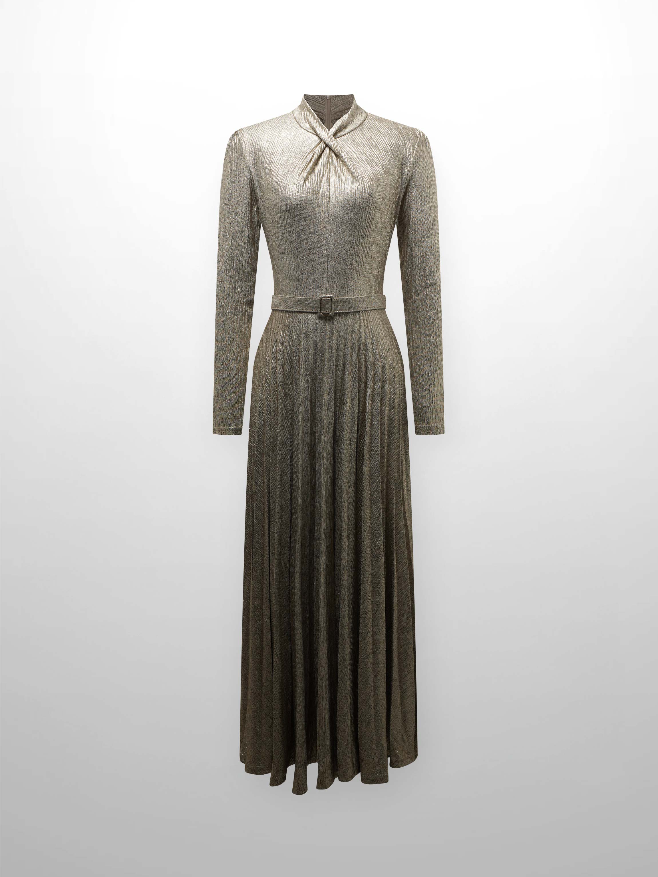 Shimmer Front Knot Pleat Dress 50"-Gold