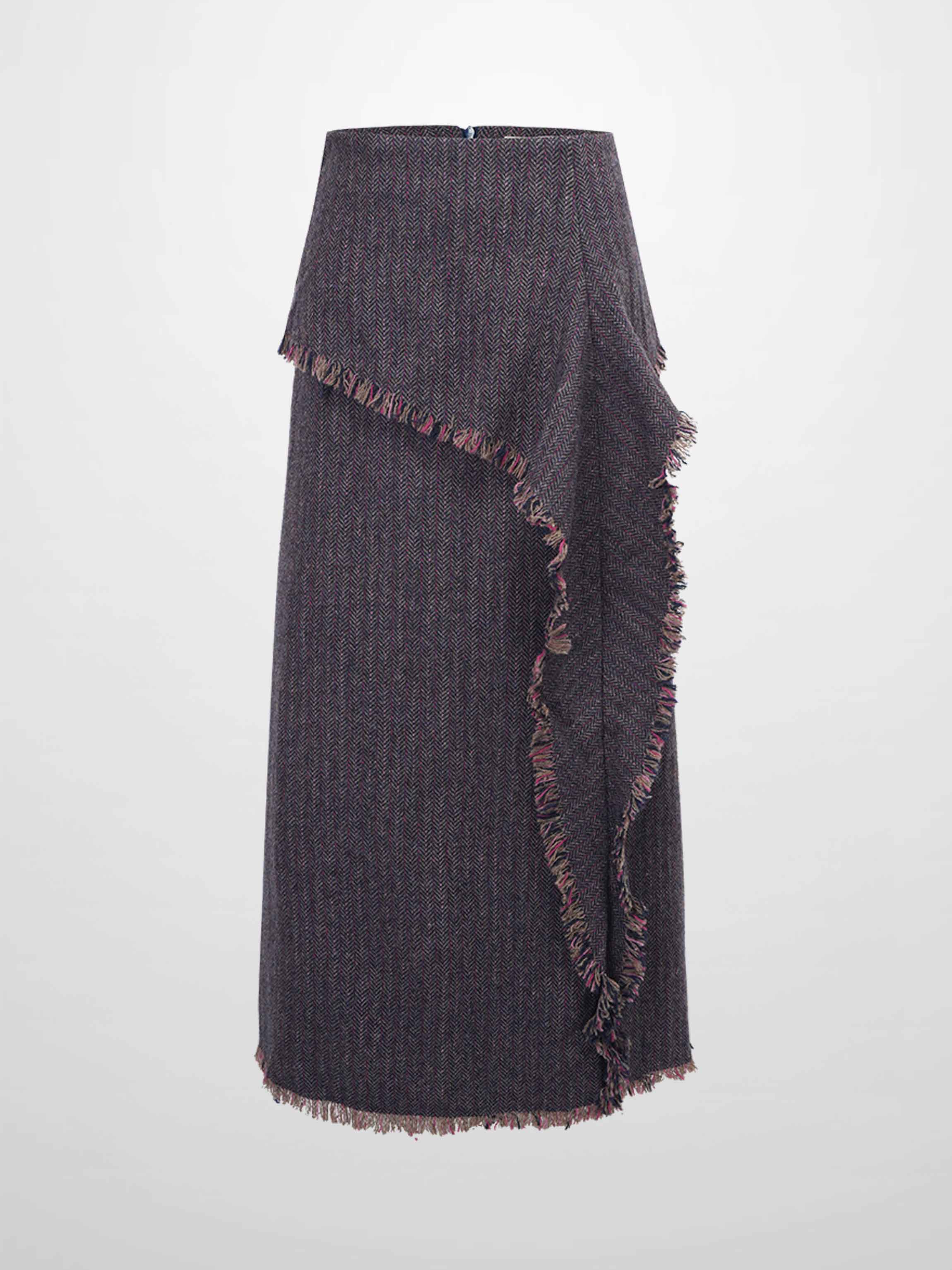 Tweed Herringbone Fringe Skirt 35"-Pink/Purple