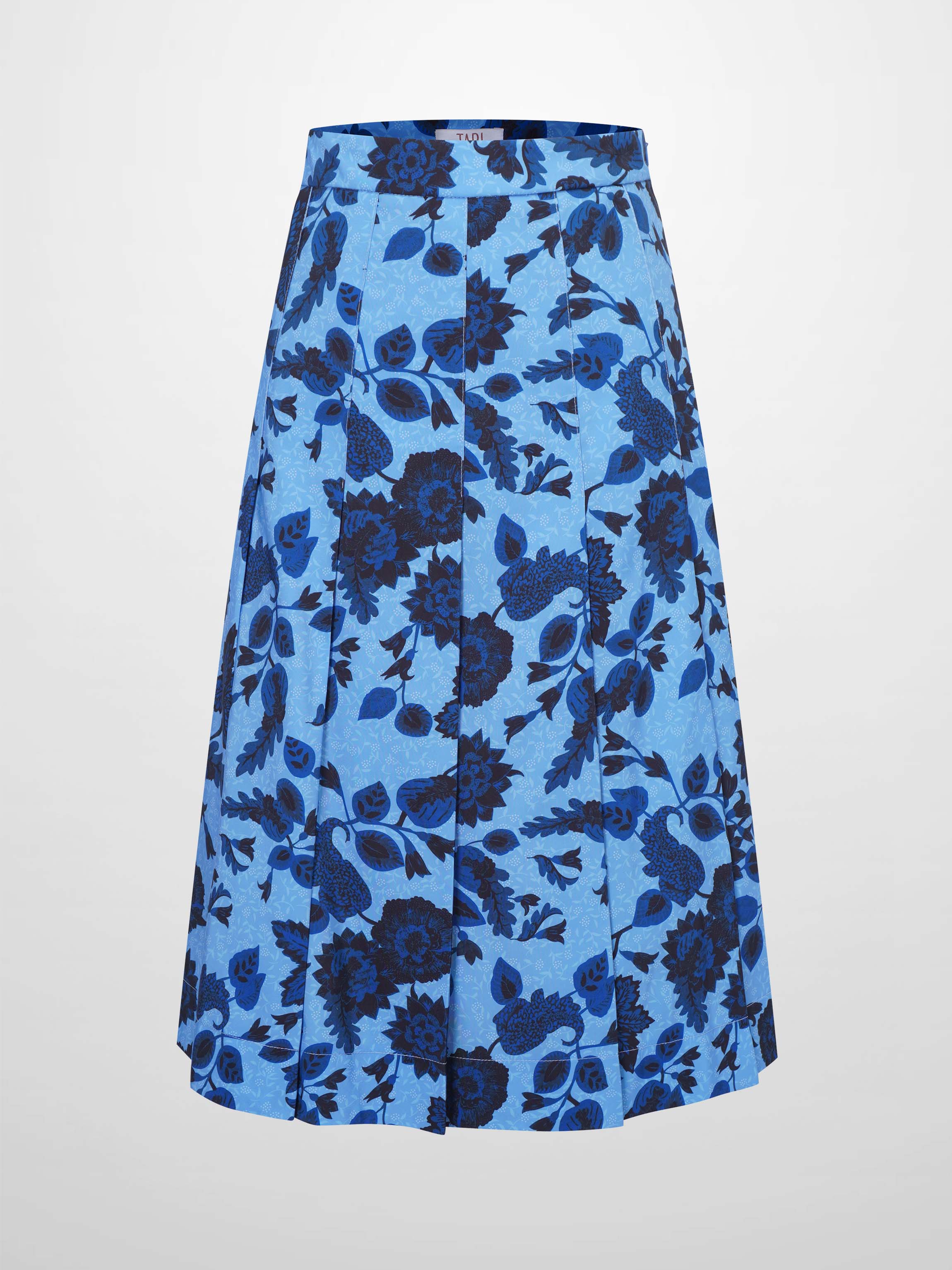 Printed Box Pleat Skirt-Blue Floral