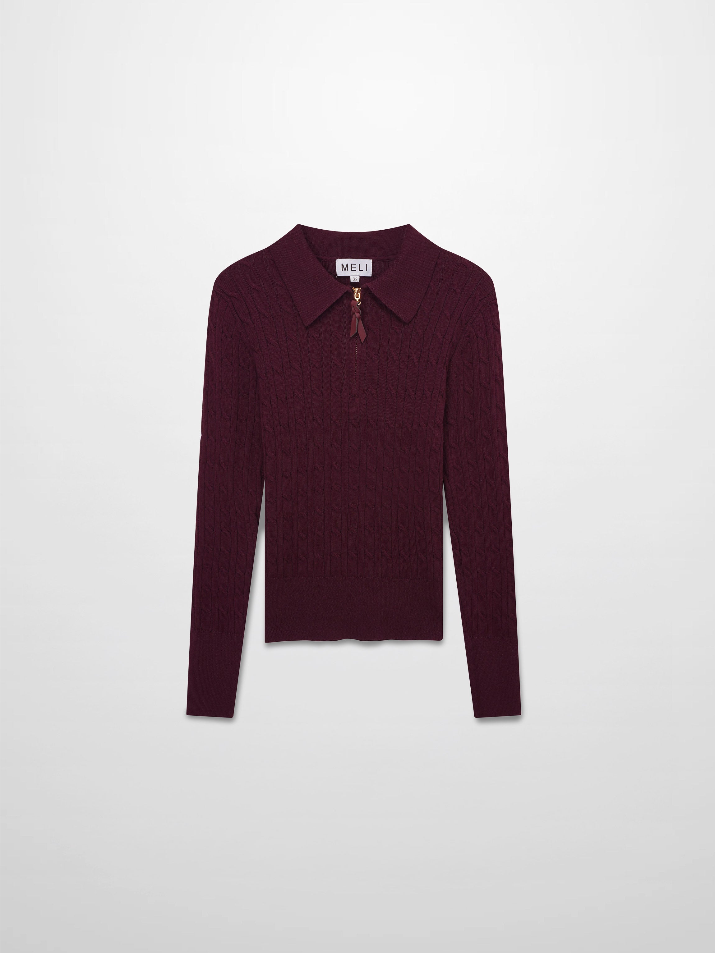 Leather Pull Half Zip Cable Polo-Burgundy