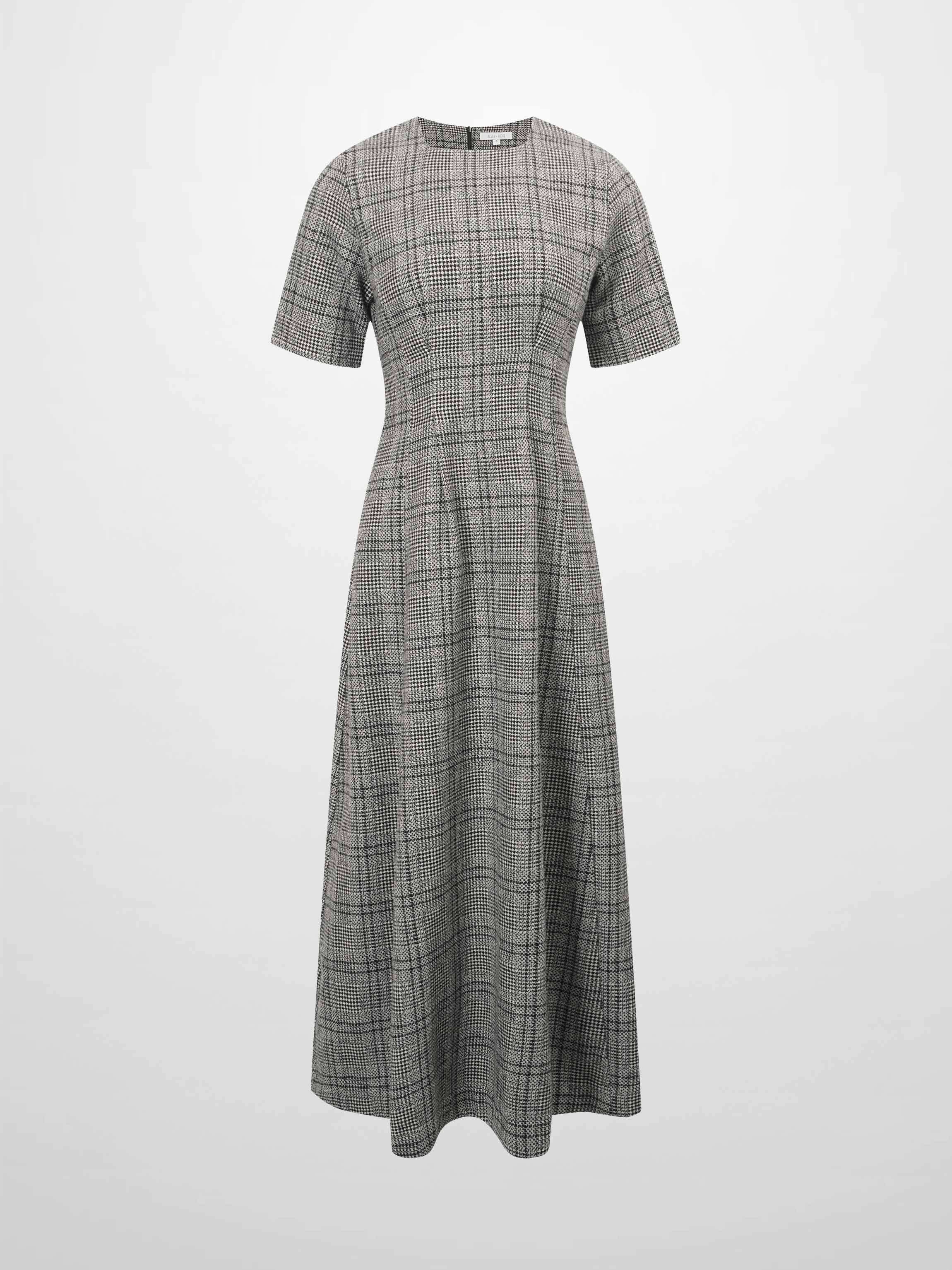 Front Pleat Square Neck Dress-Black/White Plaid