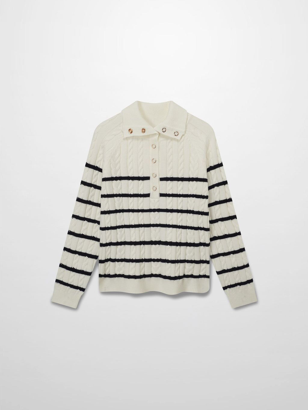 Shawl Snap Collar Striped Cable Sweater-Cream/Black