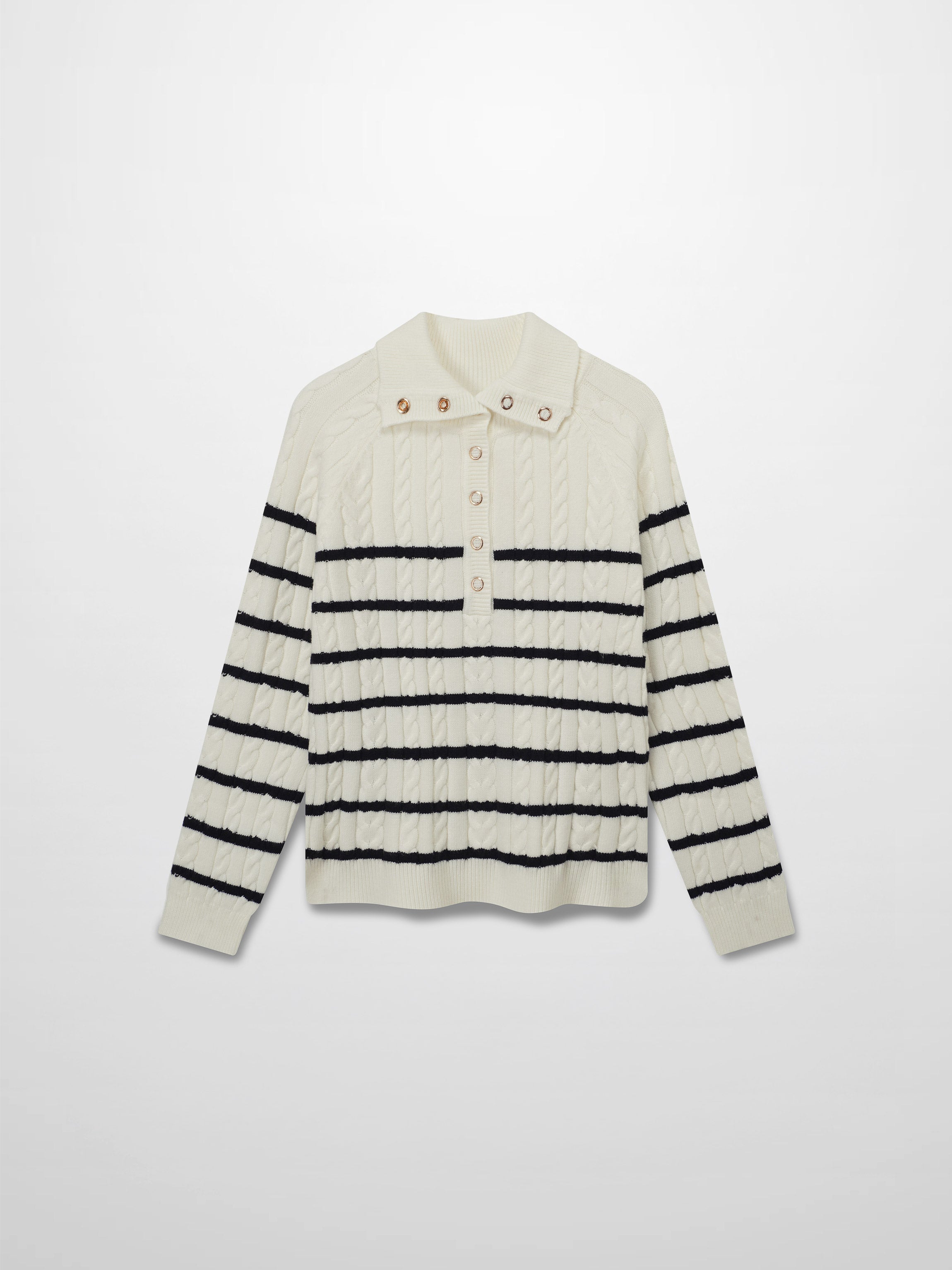Shawl Snap Collar Striped Cable Sweater-Cream/Black