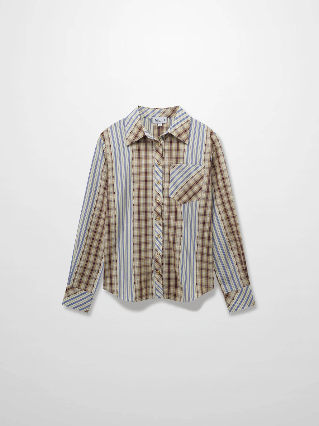 Mix Pinstripe Button Down Shirt-Tan/Blue Mix Media