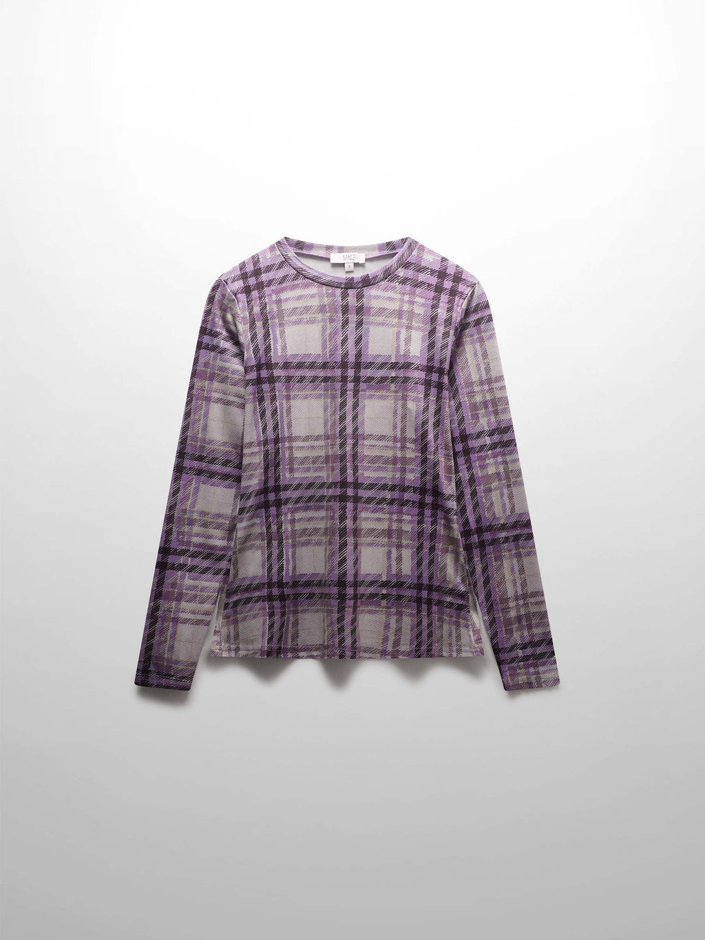 Stretch Printed Crew Top-Lavender Plaid