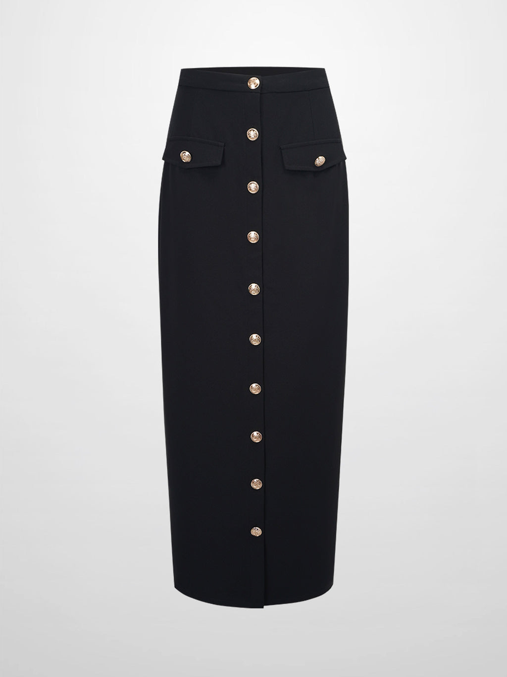 Gold Button Straight Pocket Skirt-Black