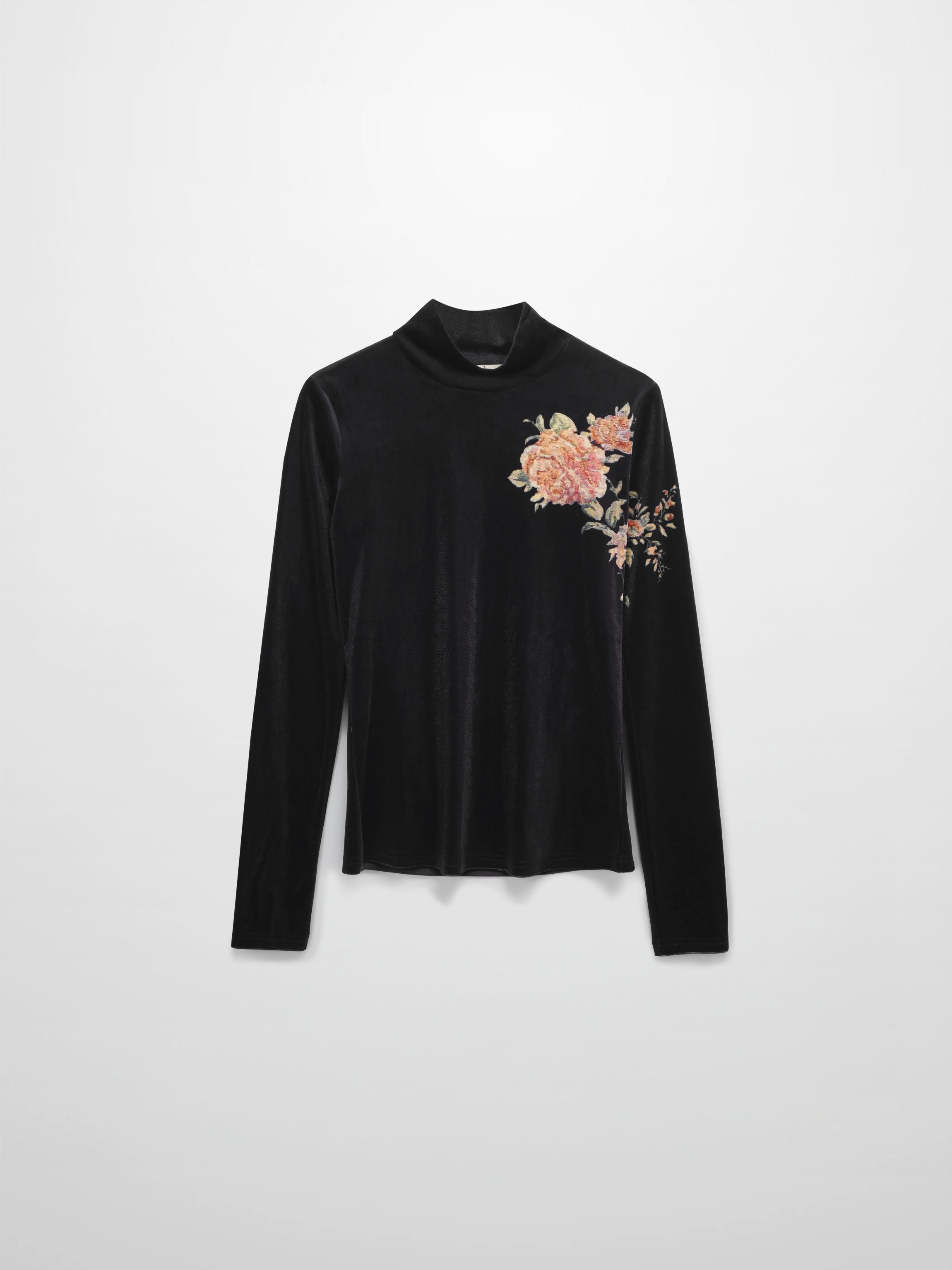 Flower Printed Velour Turtleneck-Black