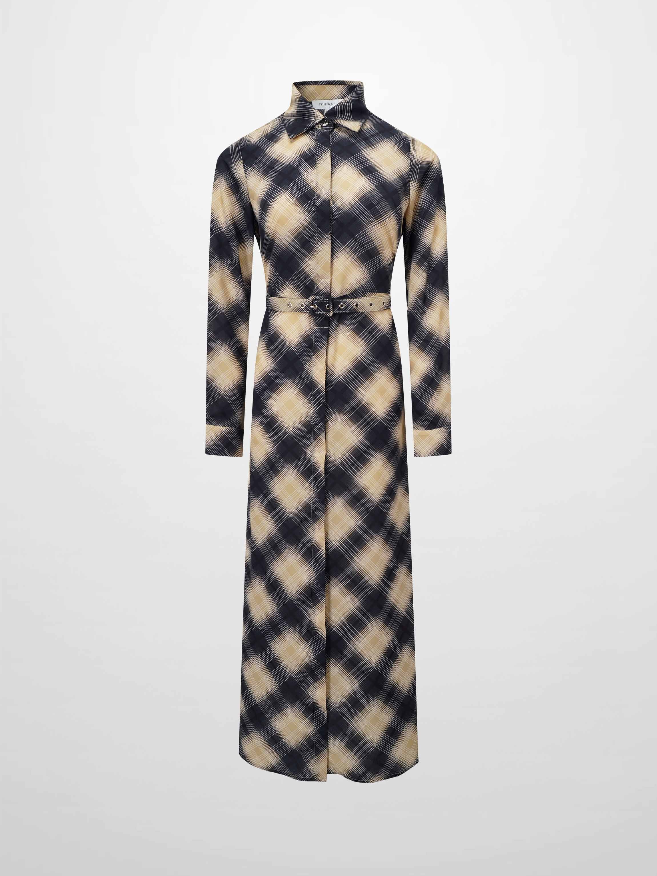 Basic Belted A-Line Dress-Black/White Plaid