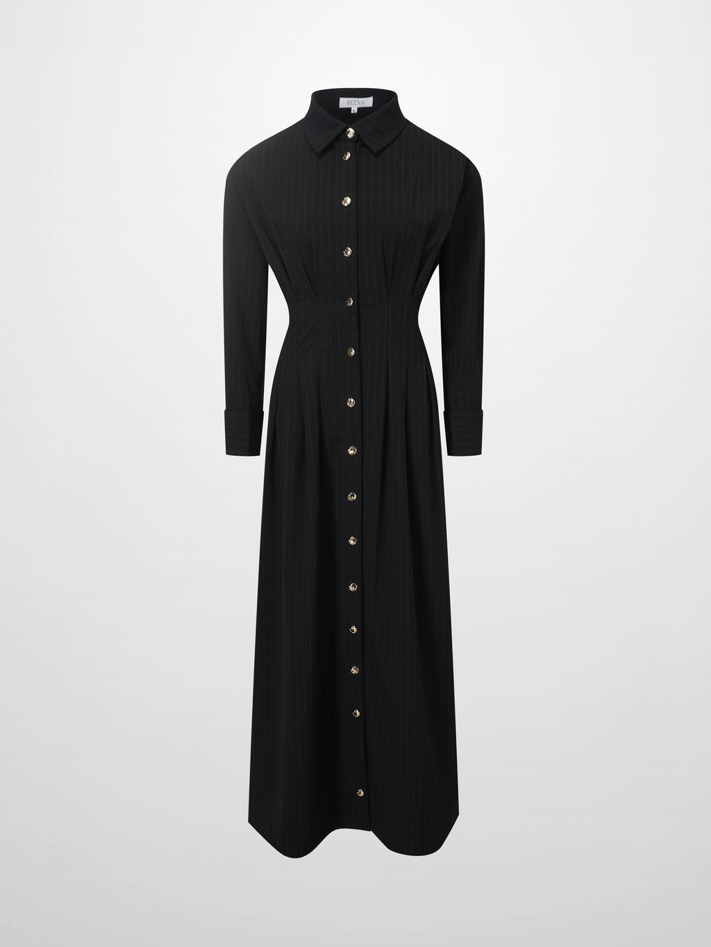 Pleat Waist Pinstripe Button Down Dress-Black