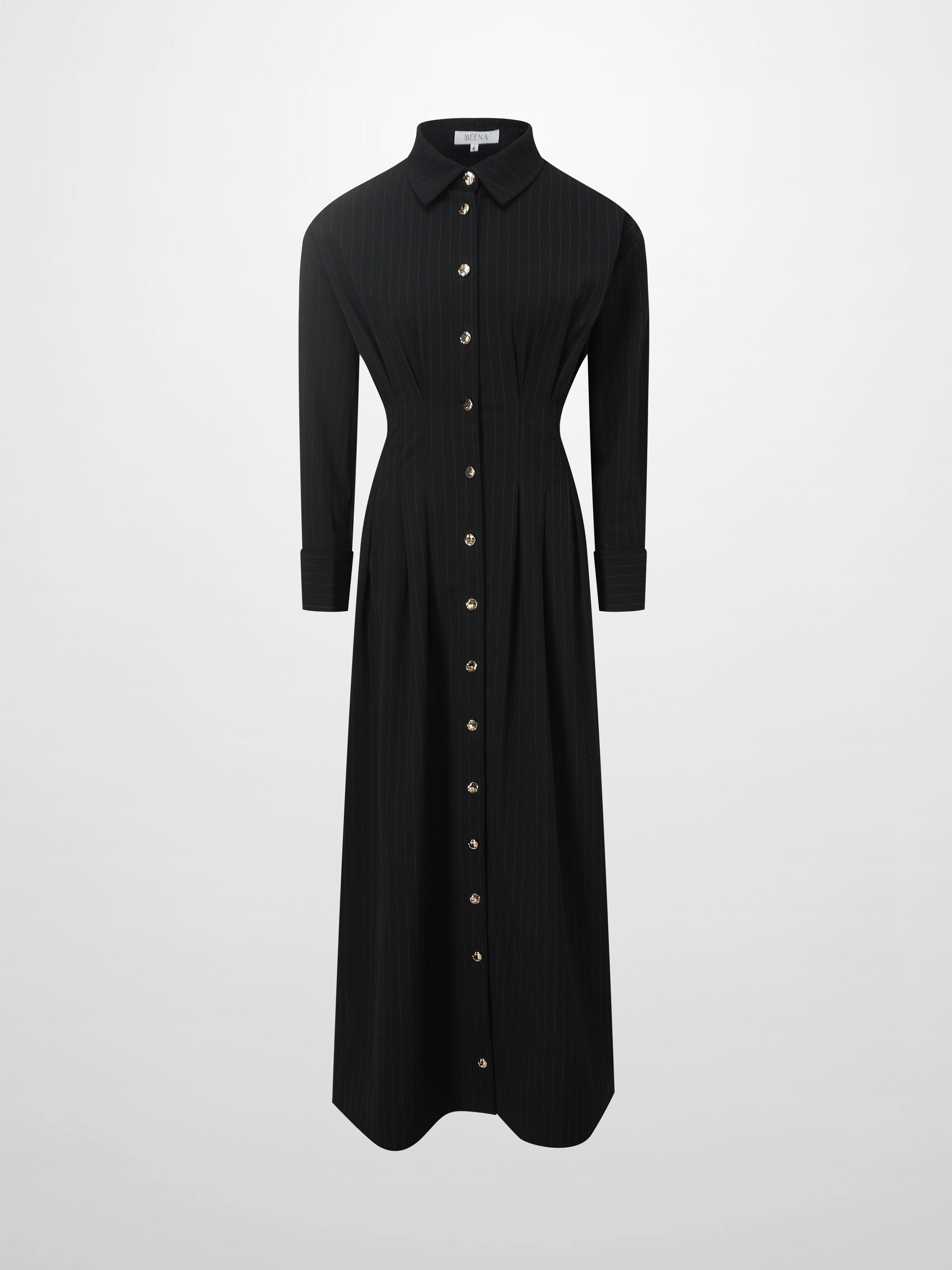 Pleat Waist Pinstripe Button Down Dress-Black