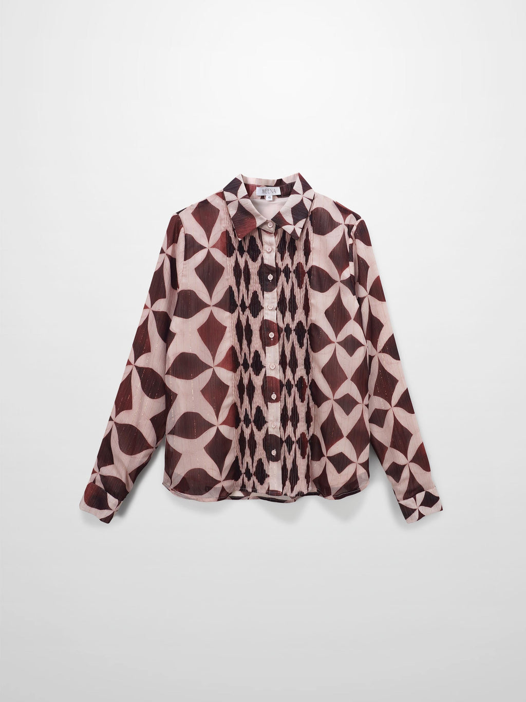 Pintuck Shimmer Print Blouse-Burgundy/Pink