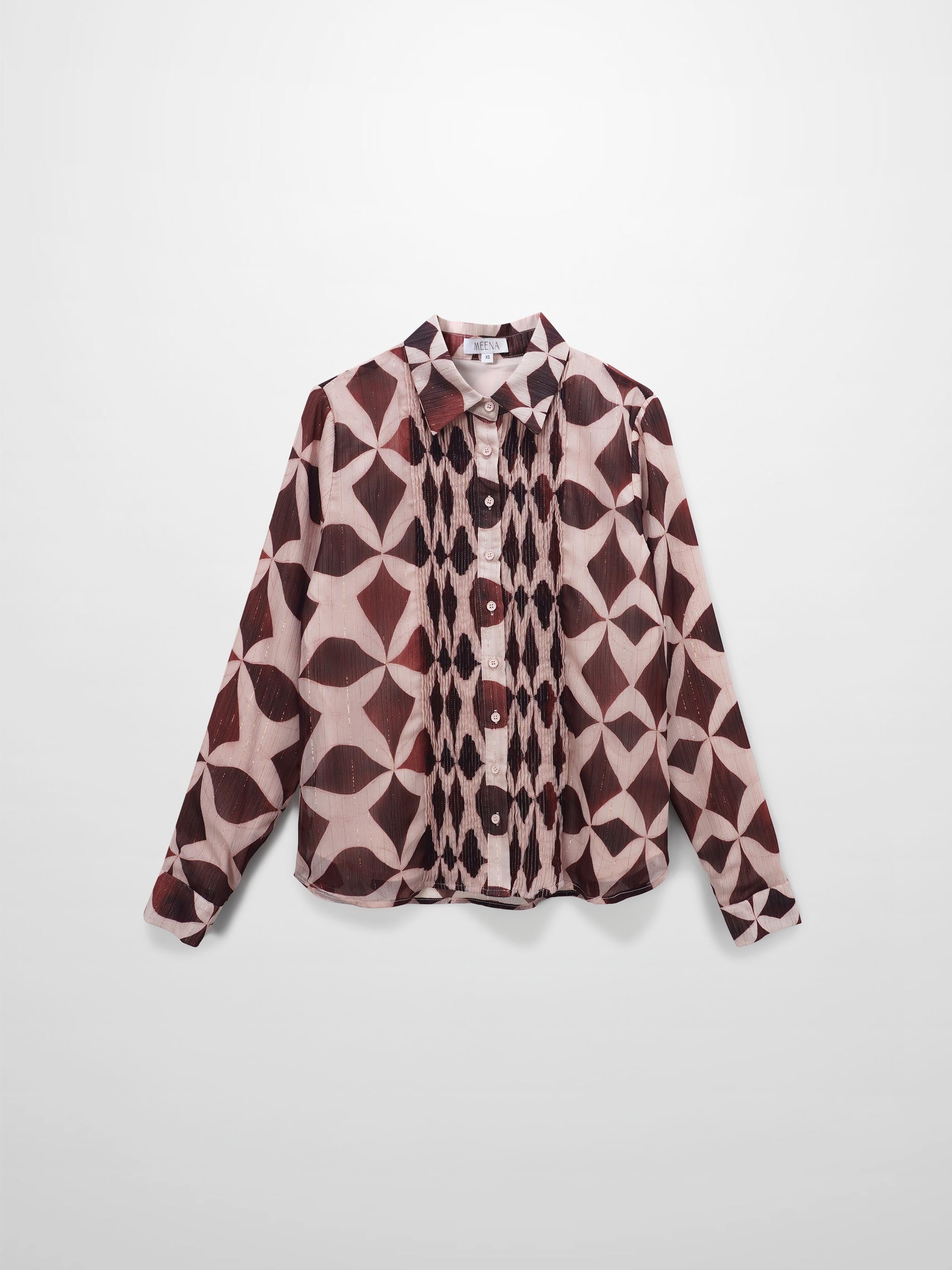 Pintuck Shimmer Print Blouse-Burgundy/Pink