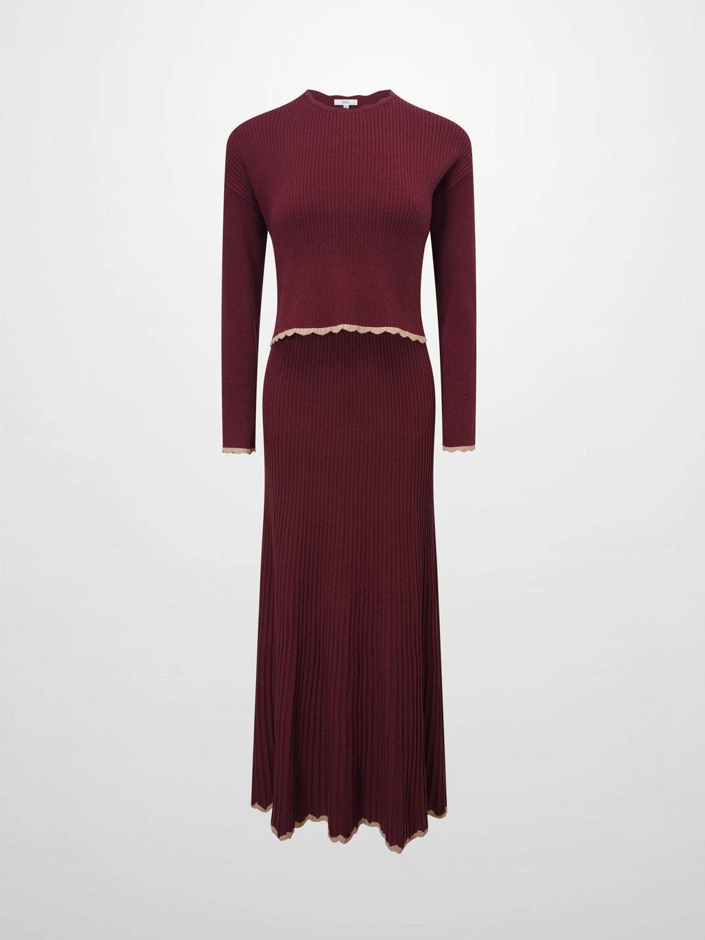 Knit Crop Sweater Dress Set-Burgundy/Pink