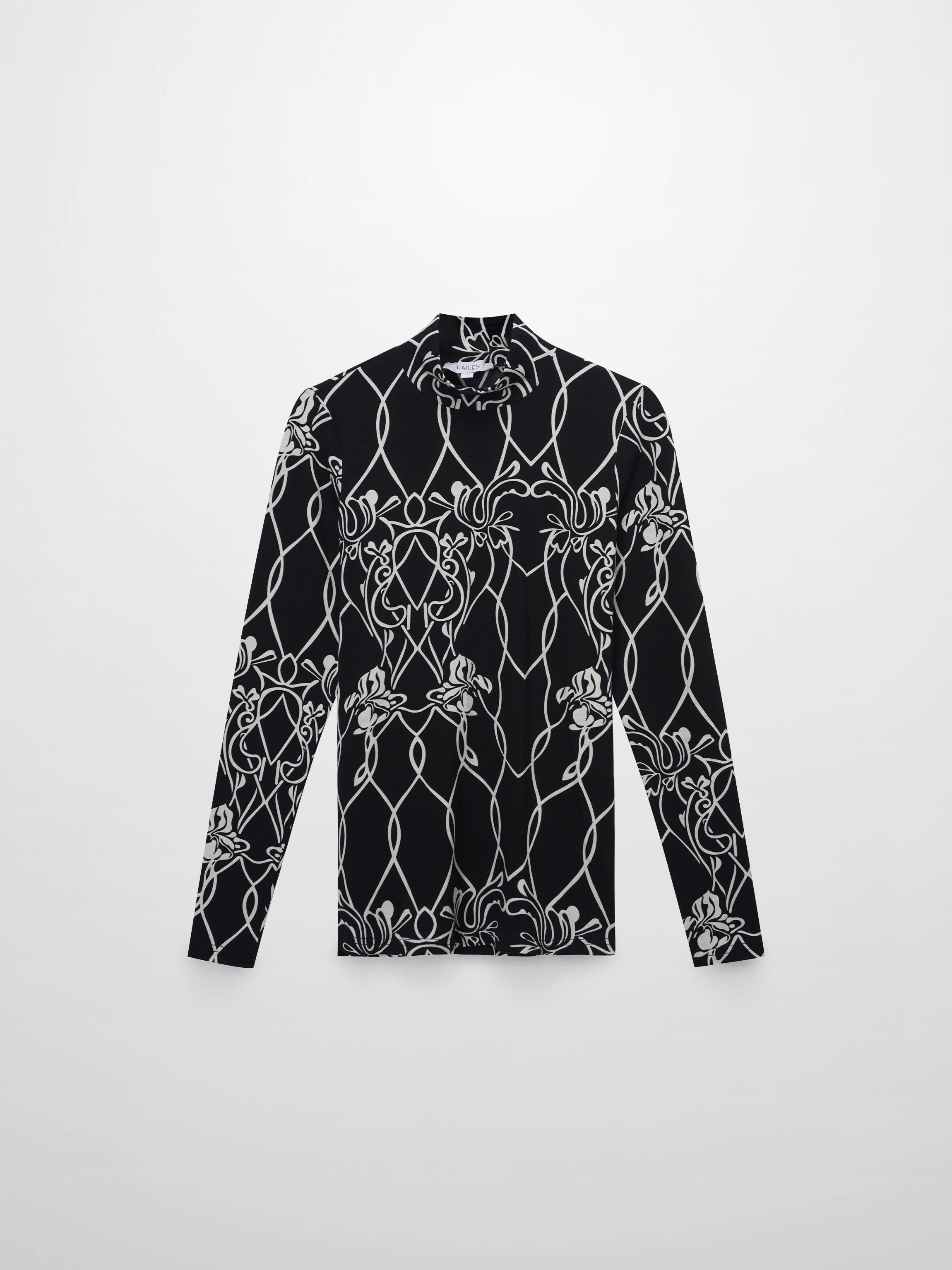 Printed Modal Turtleneck-Floral Vines Black