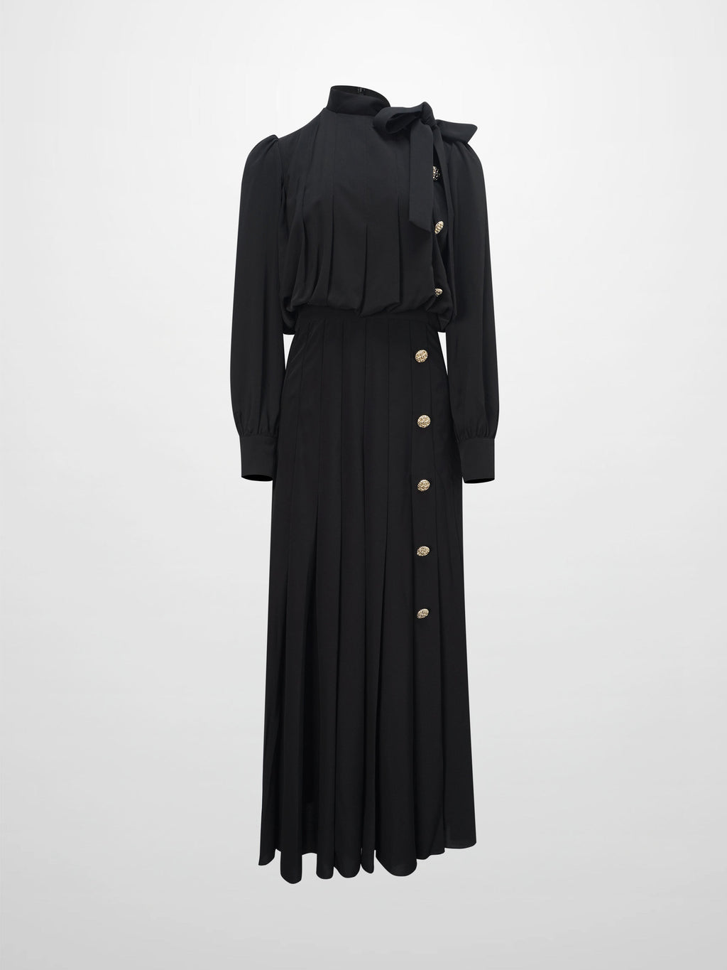 Side Button Pleat Dress-Black