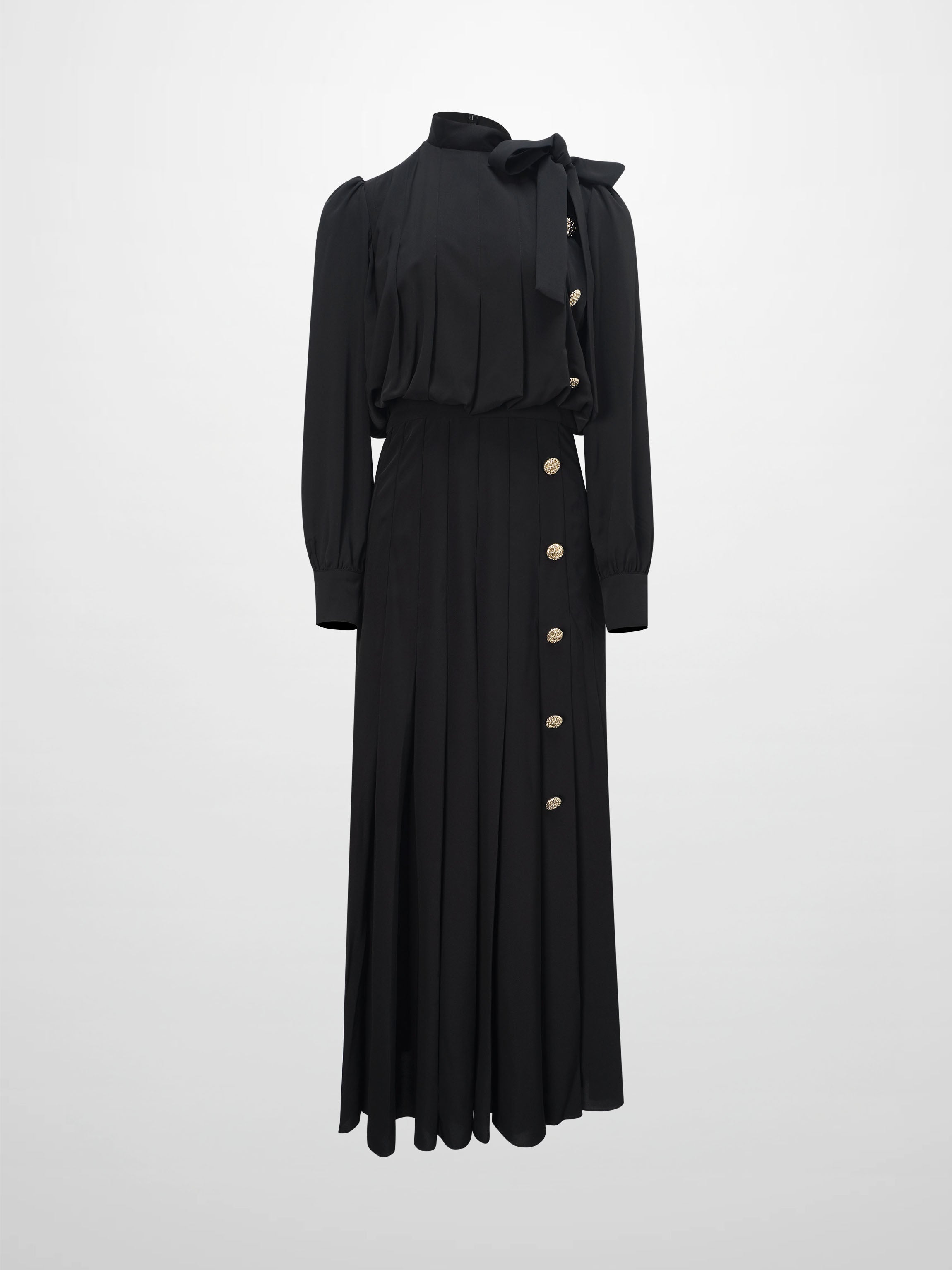 Side Button Pleat Dress-Black