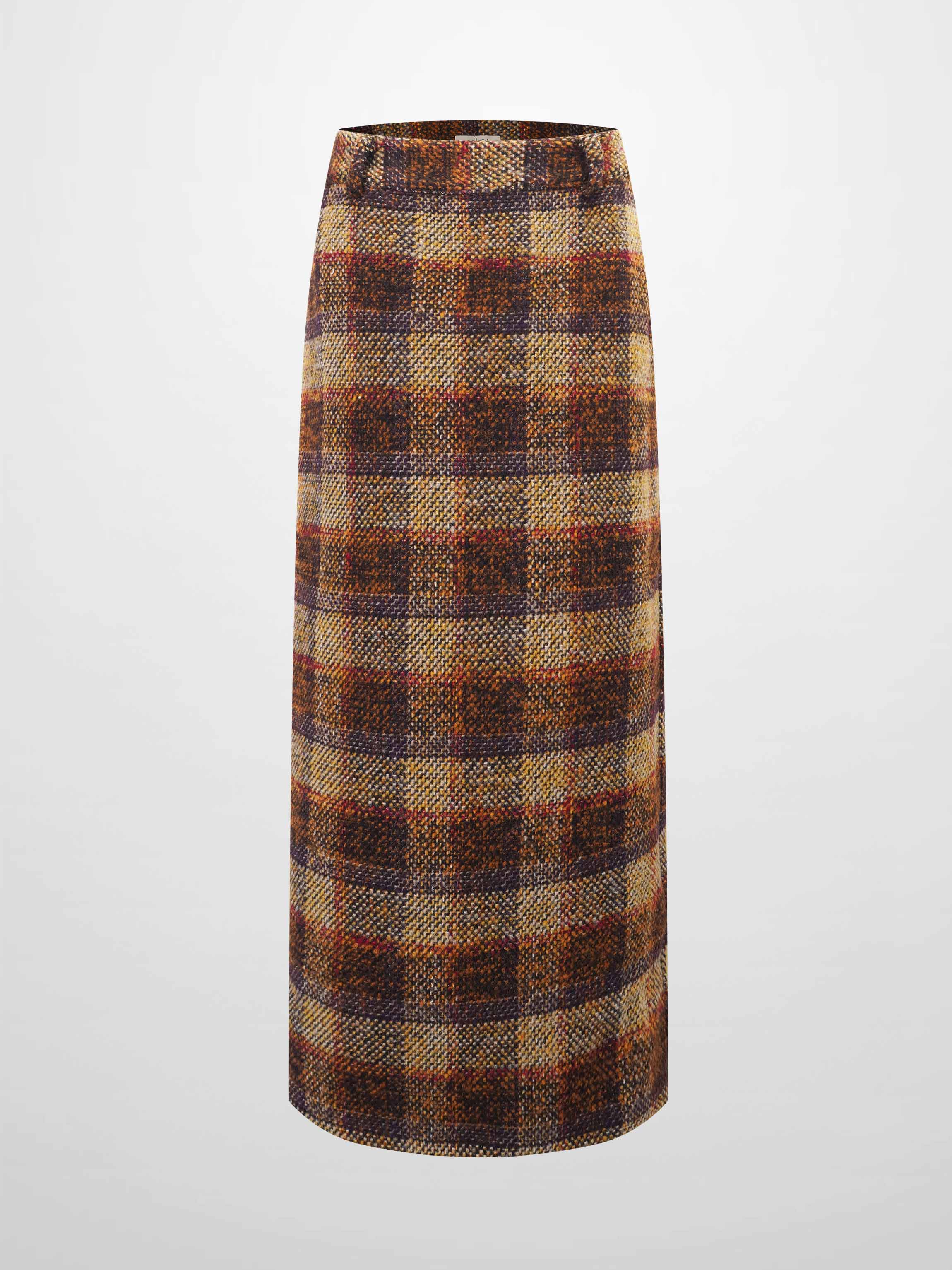 Straight Maxi Skirt-Brown Plaid
