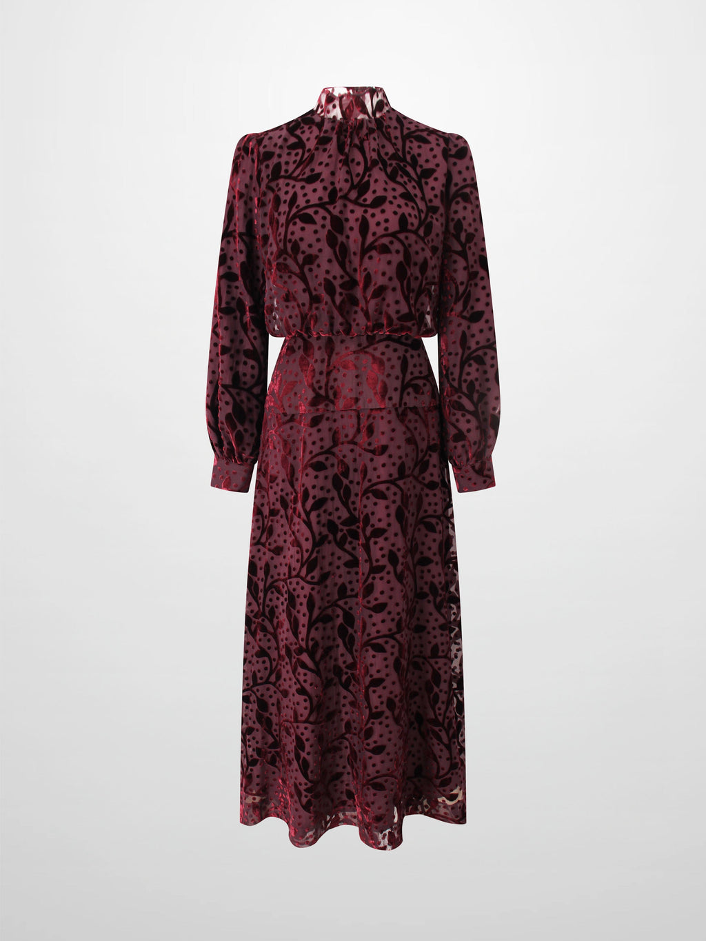 Waisted Yoke Dress-Burgundy Velvet Leaves
