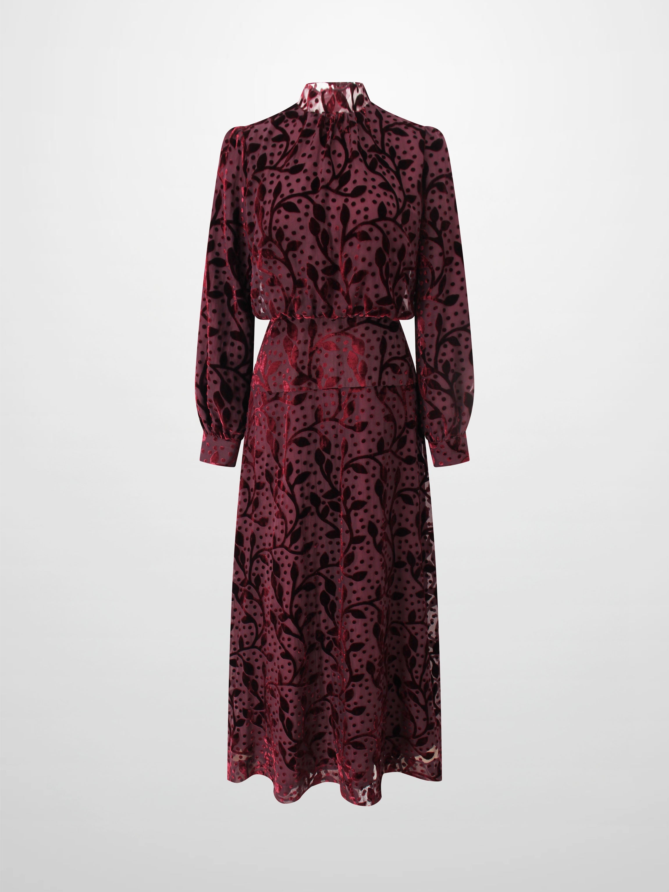 Waisted Yoke Dress-Burgundy Velvet Leaves
